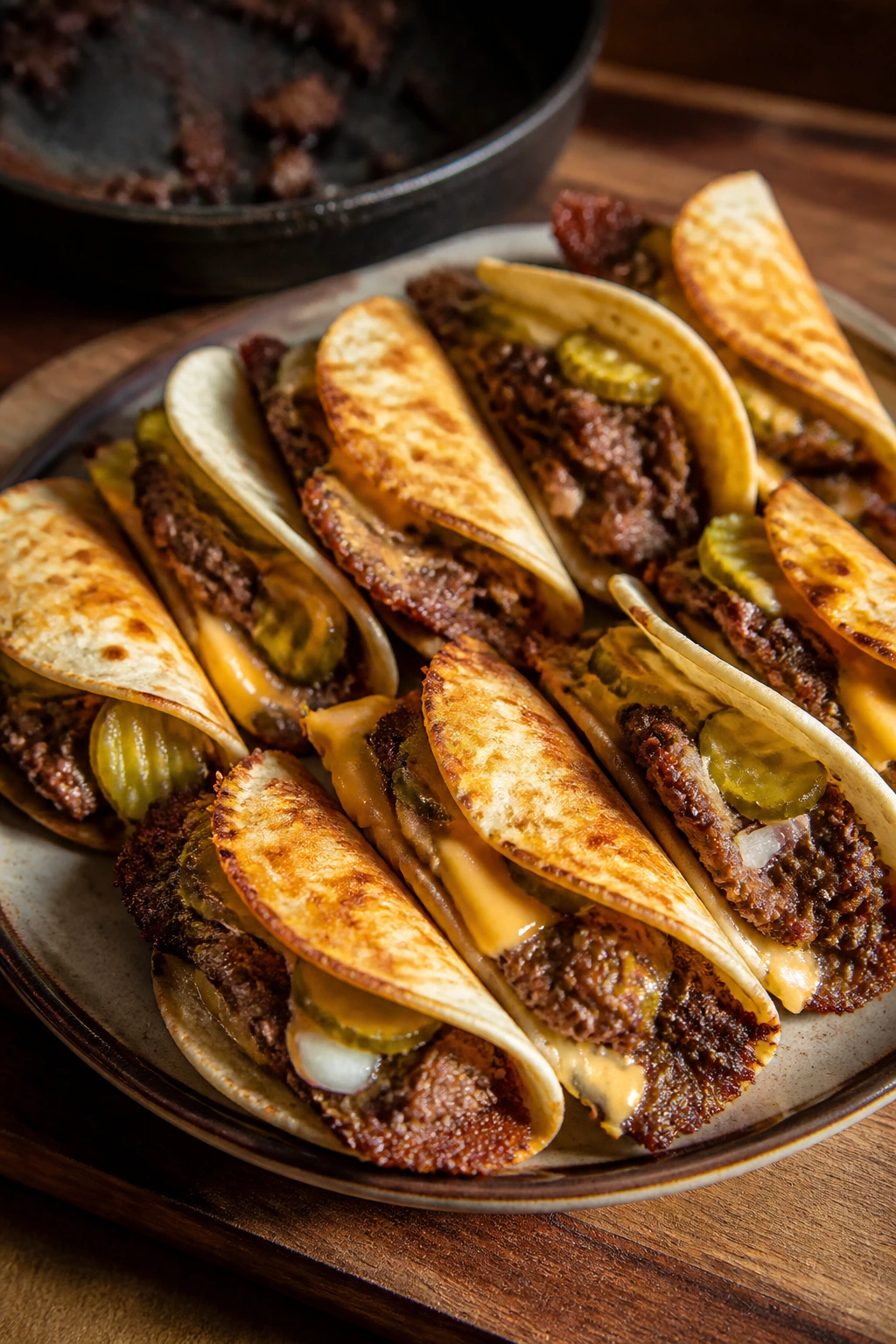 Close-up of smashed burger tacos with crispy edges and melted cheese