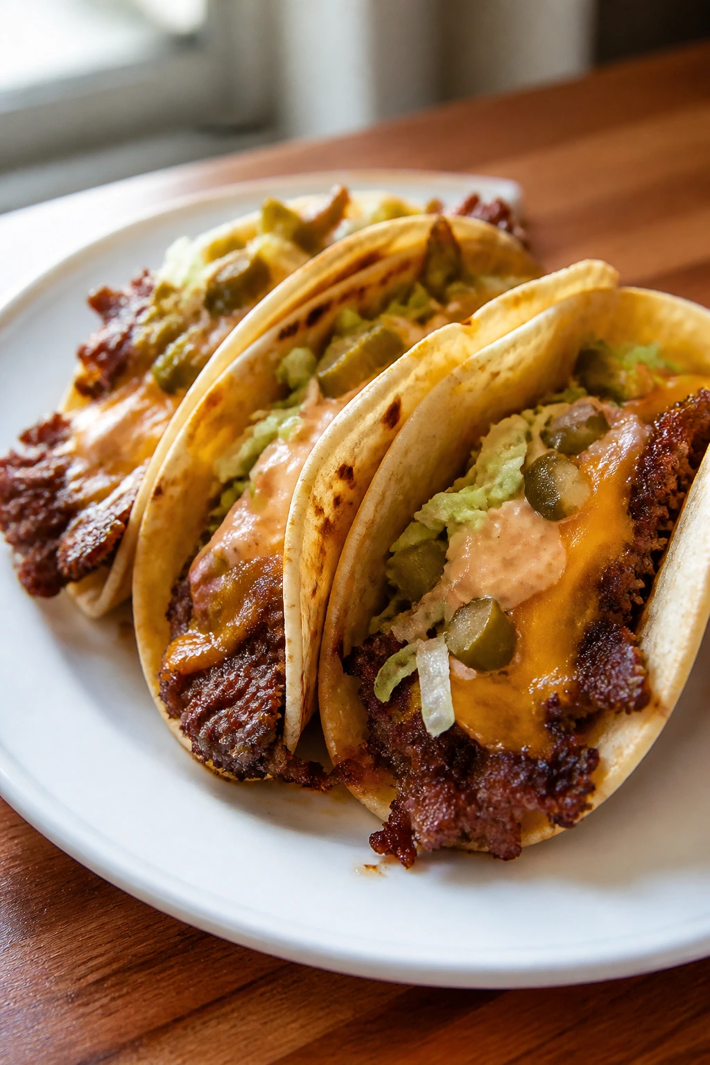 Close-up of crispy smashed beef tacos with cheddar, lettuce, and pickles on a plate