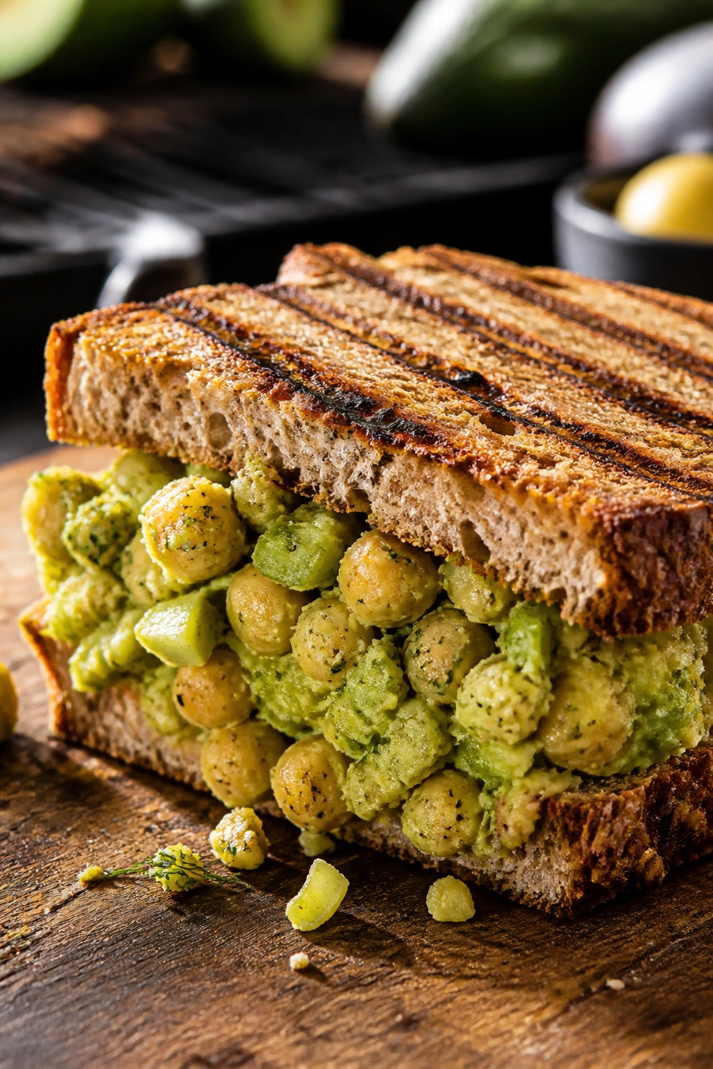 Close-up of smashed chickpea and avocado sandwich on whole-grain bread
