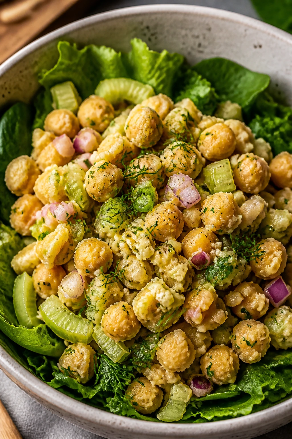 Chickpea salad with celery, onion and greens in a bowl