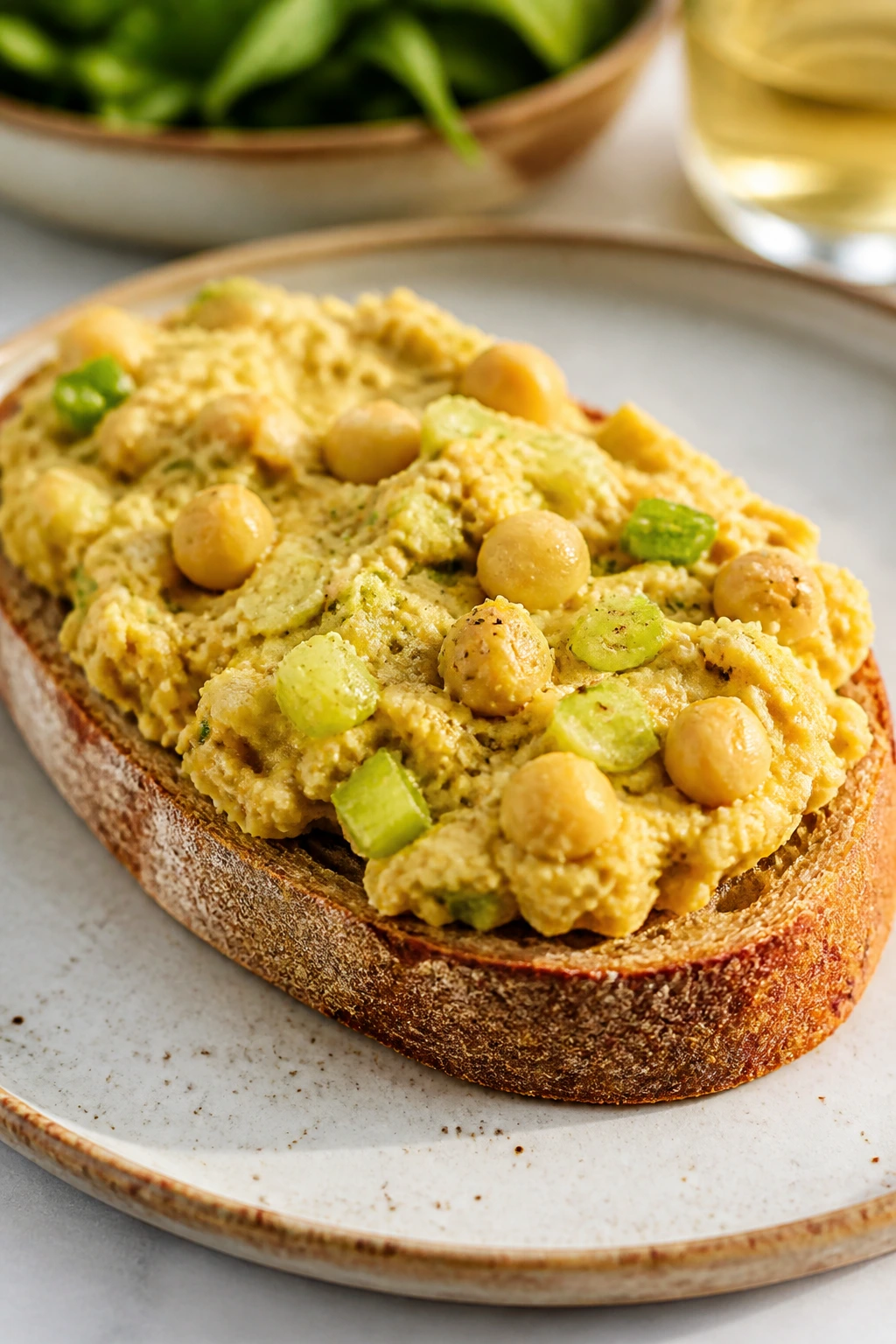 Open-face smashed chickpea sandwich on crusty bread