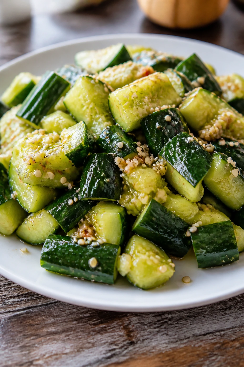 Close-up of smashed cucumber salad with garlic dressing and sesame seeds on a white plate