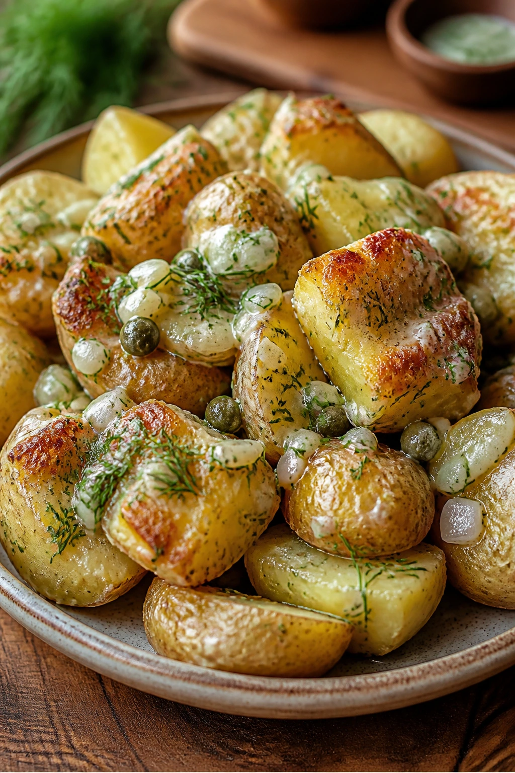 Close-up of smashed potato salad with crispy edges and dill-capers dressing on a plate.