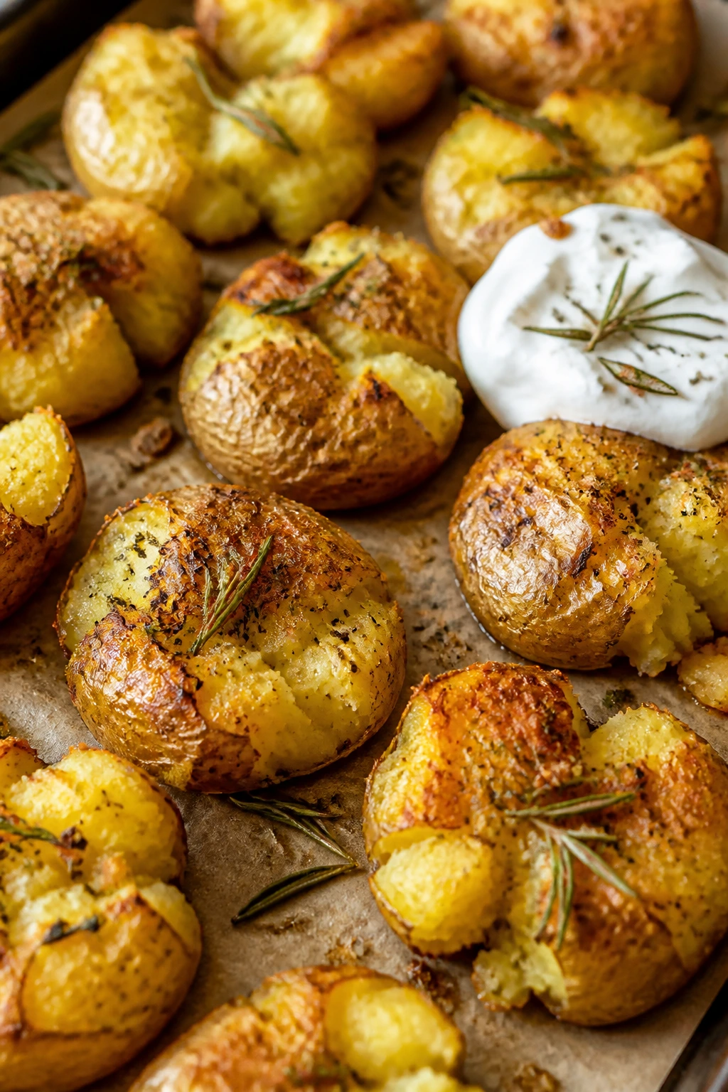 Crispy smashed baby potatoes with rosemary on a baking sheet