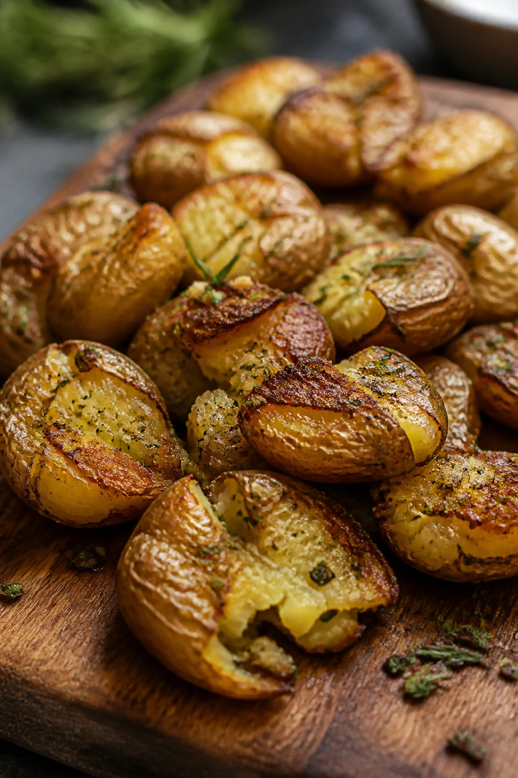 Crispy smashed baby potatoes with herbs on wooden board