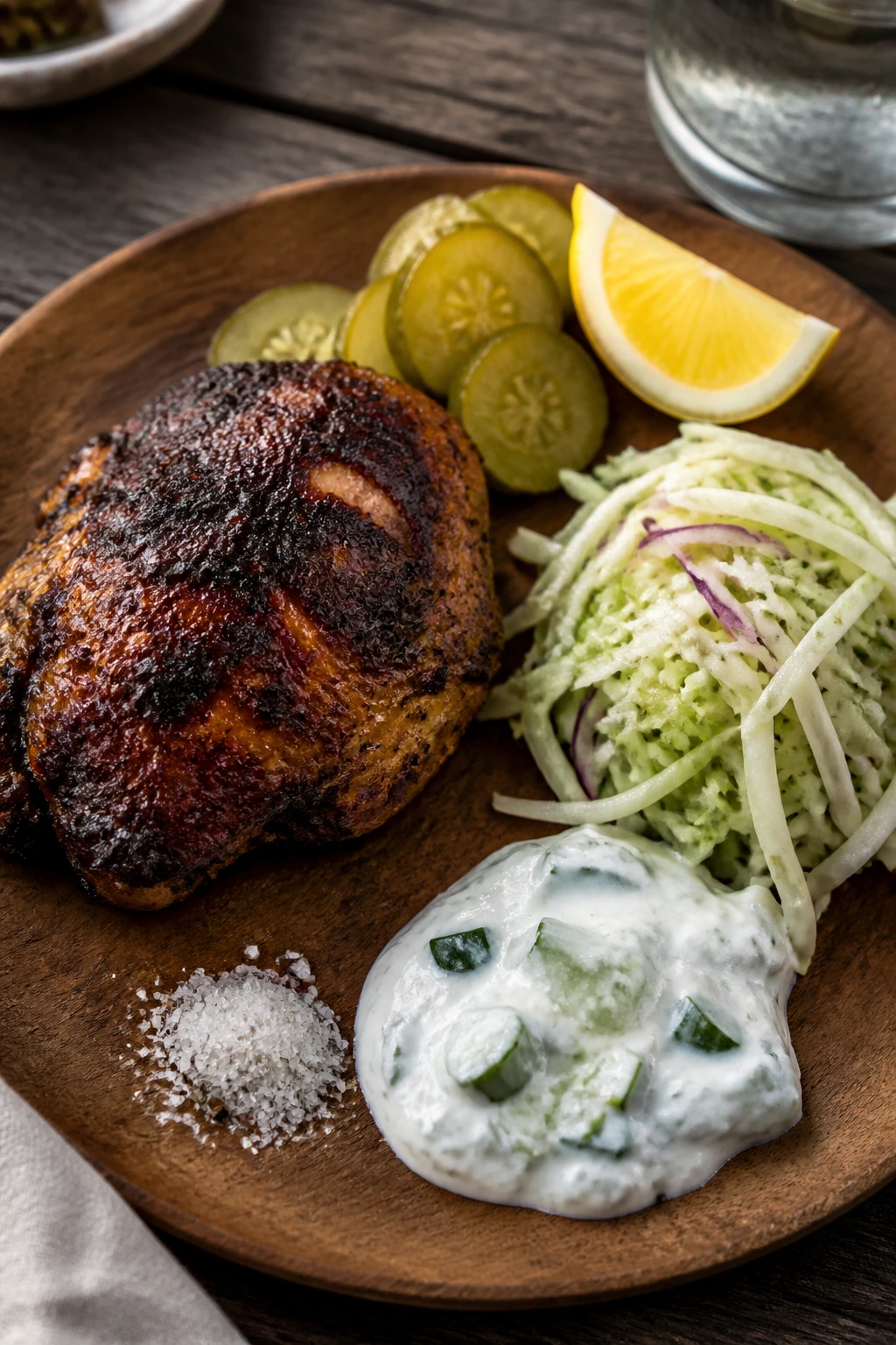Plate with smoky, acidic, crunchy, salty, and cold elements on a wooden board