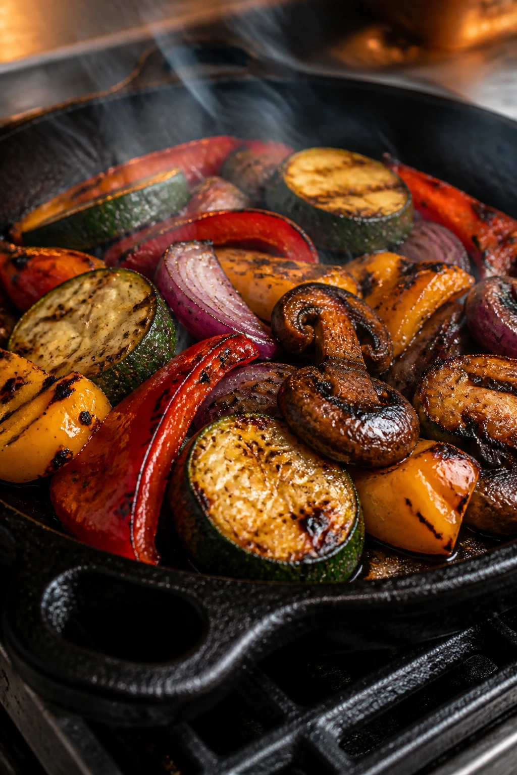 Close-up of sizzling vegetables in a cast-iron skillet with smoke