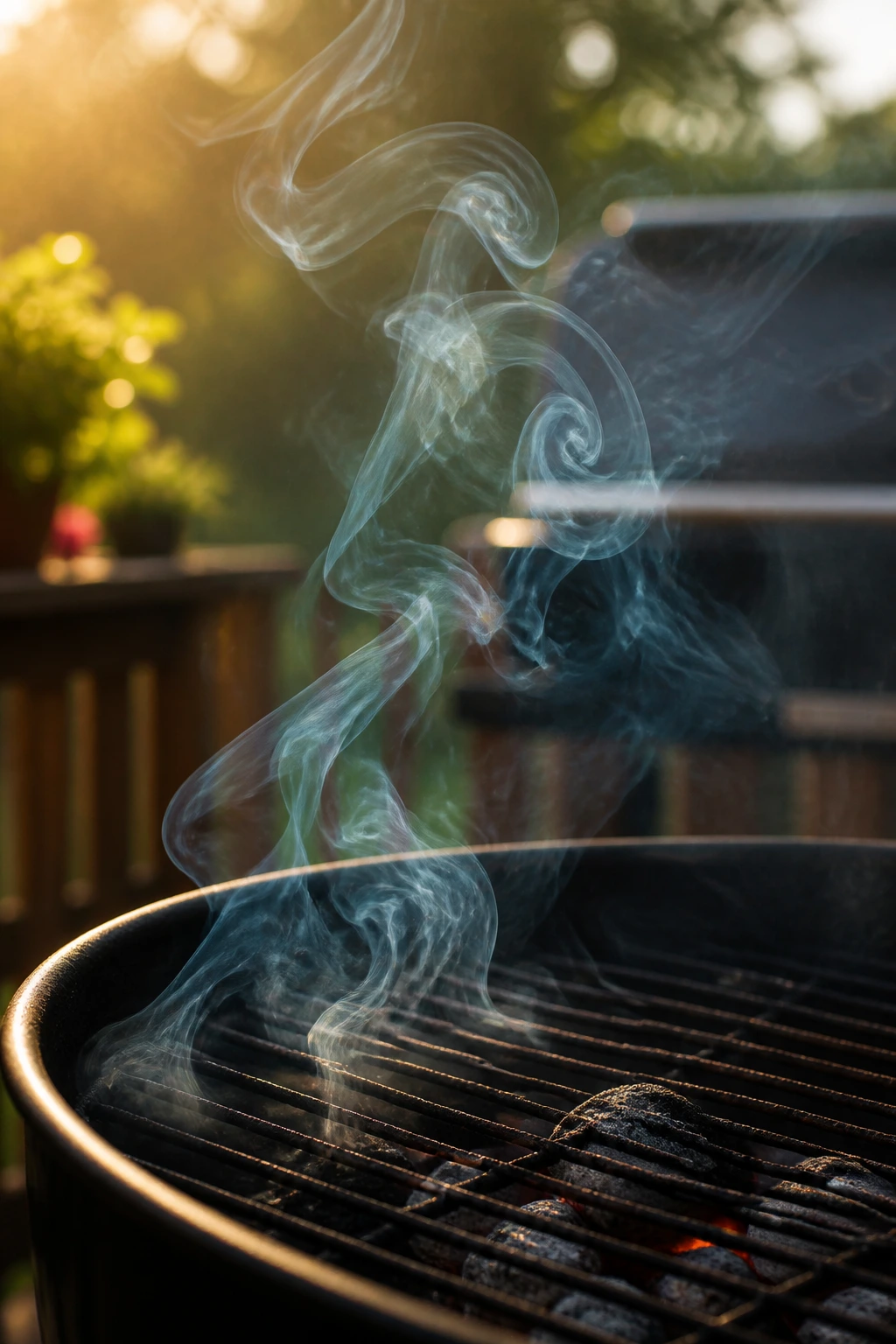 Thin blue smoke rising from a grill on a backyard deck, illustrating clean, restrained BBQ smoke