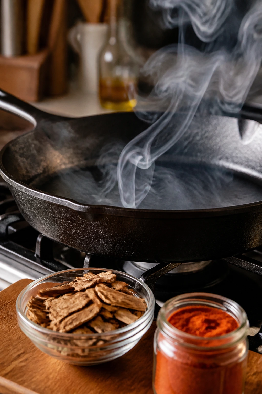 Cast-iron skillet steaming with wood chips and smoked paprika nearby