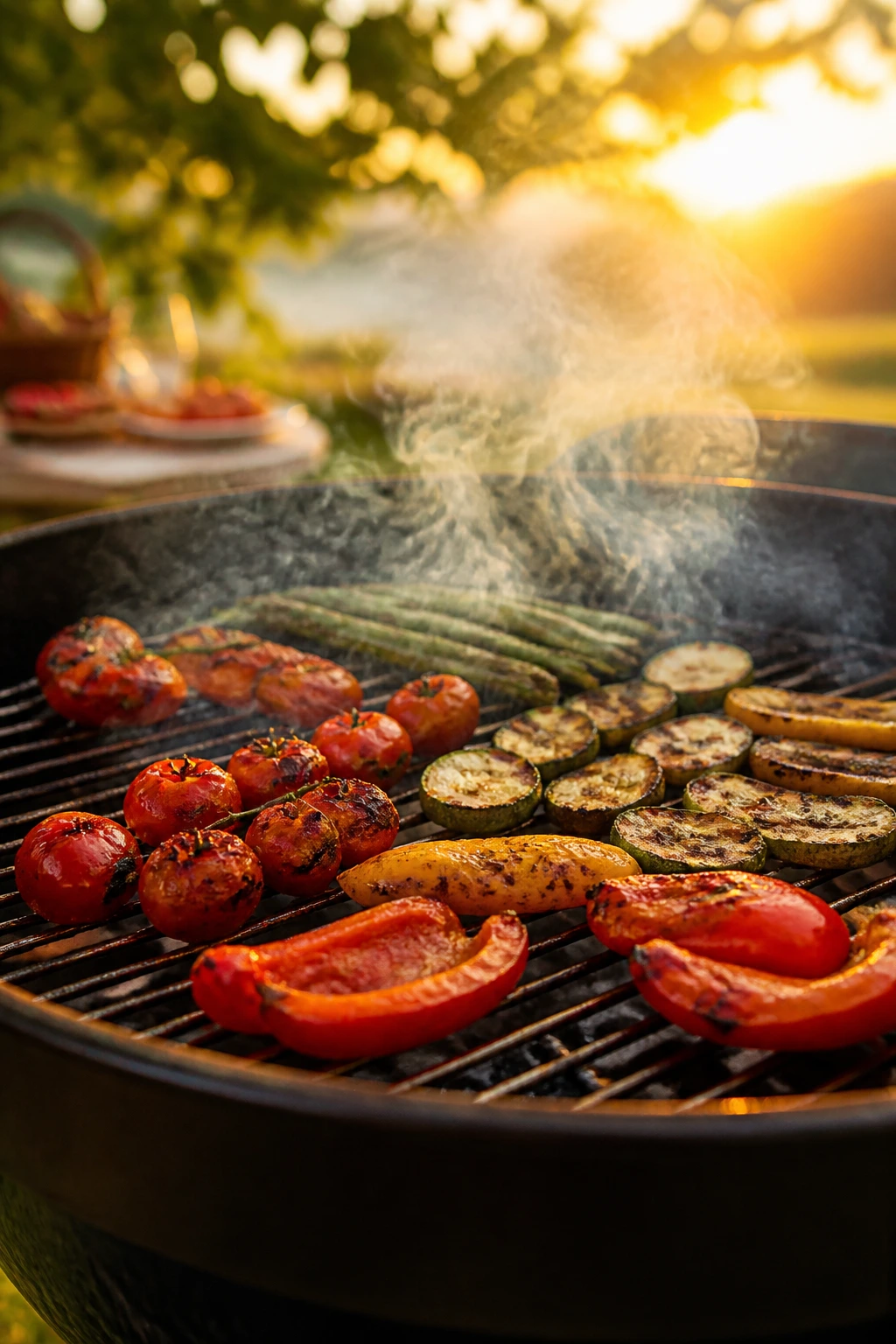 Grill grate with smoke and charred vegetables in sunlit outdoor setting