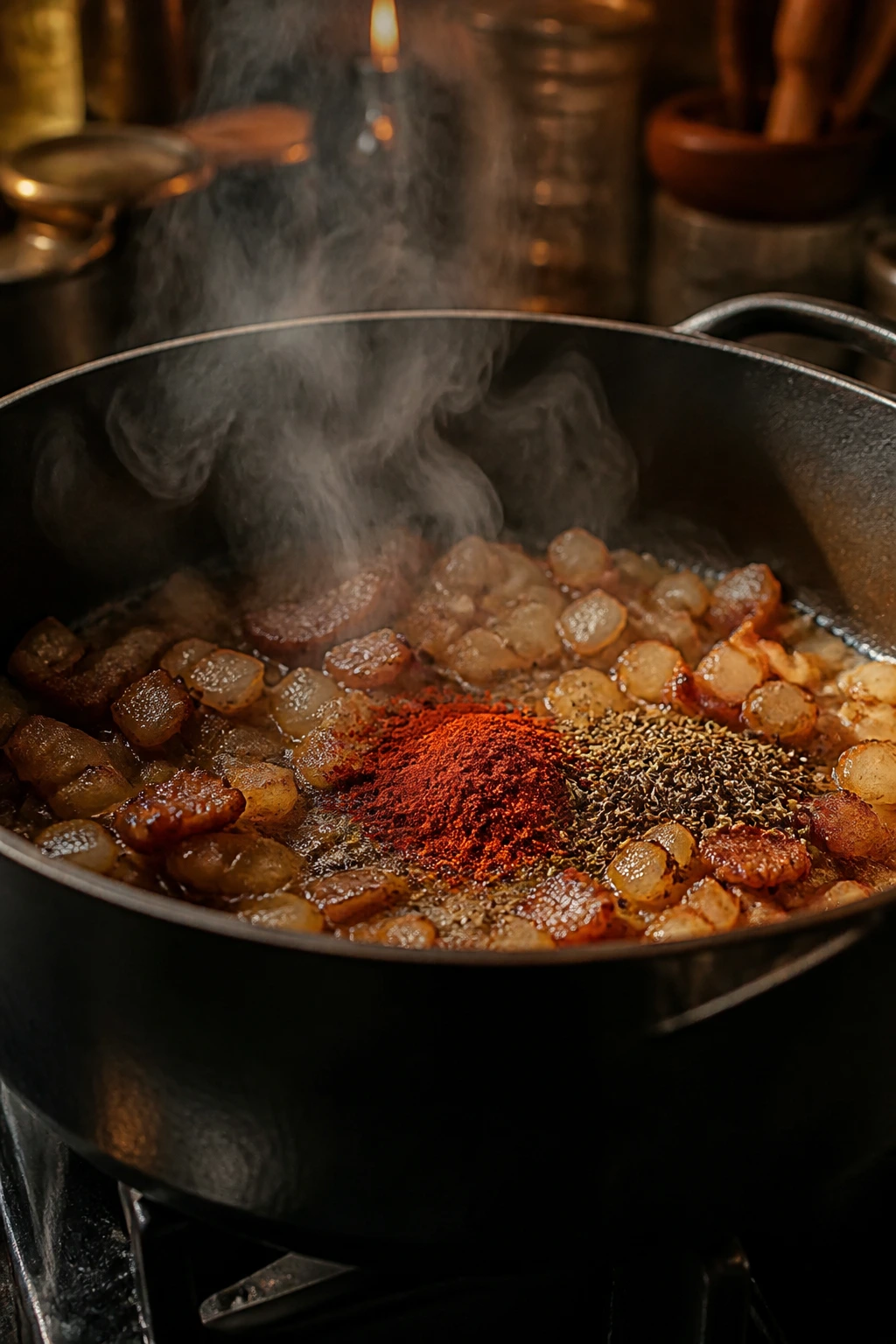 Close-up of pot with shimmering fat and blooming spices creating smoke