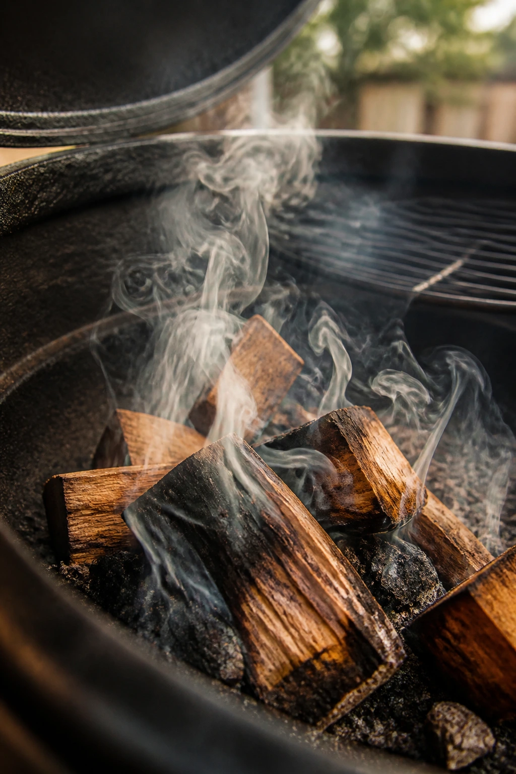 Close-up of smoking wood chunks and curling smoke on a backyard grill