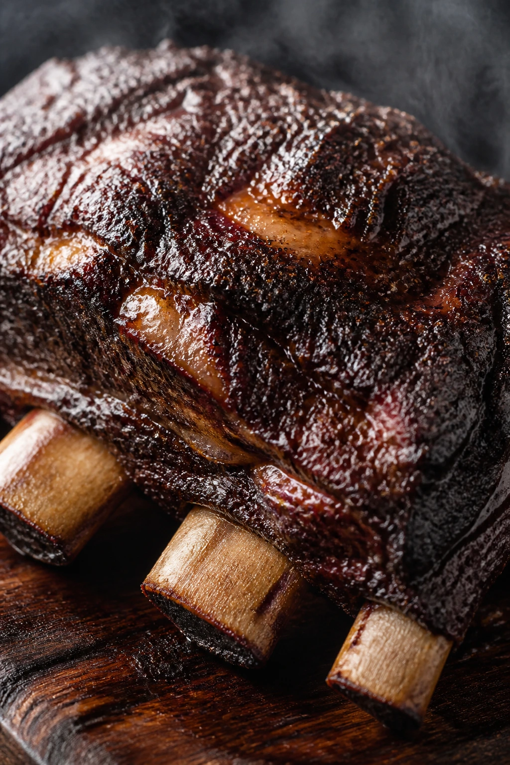 Close-up of smoked beef short ribs with bark on wooden board