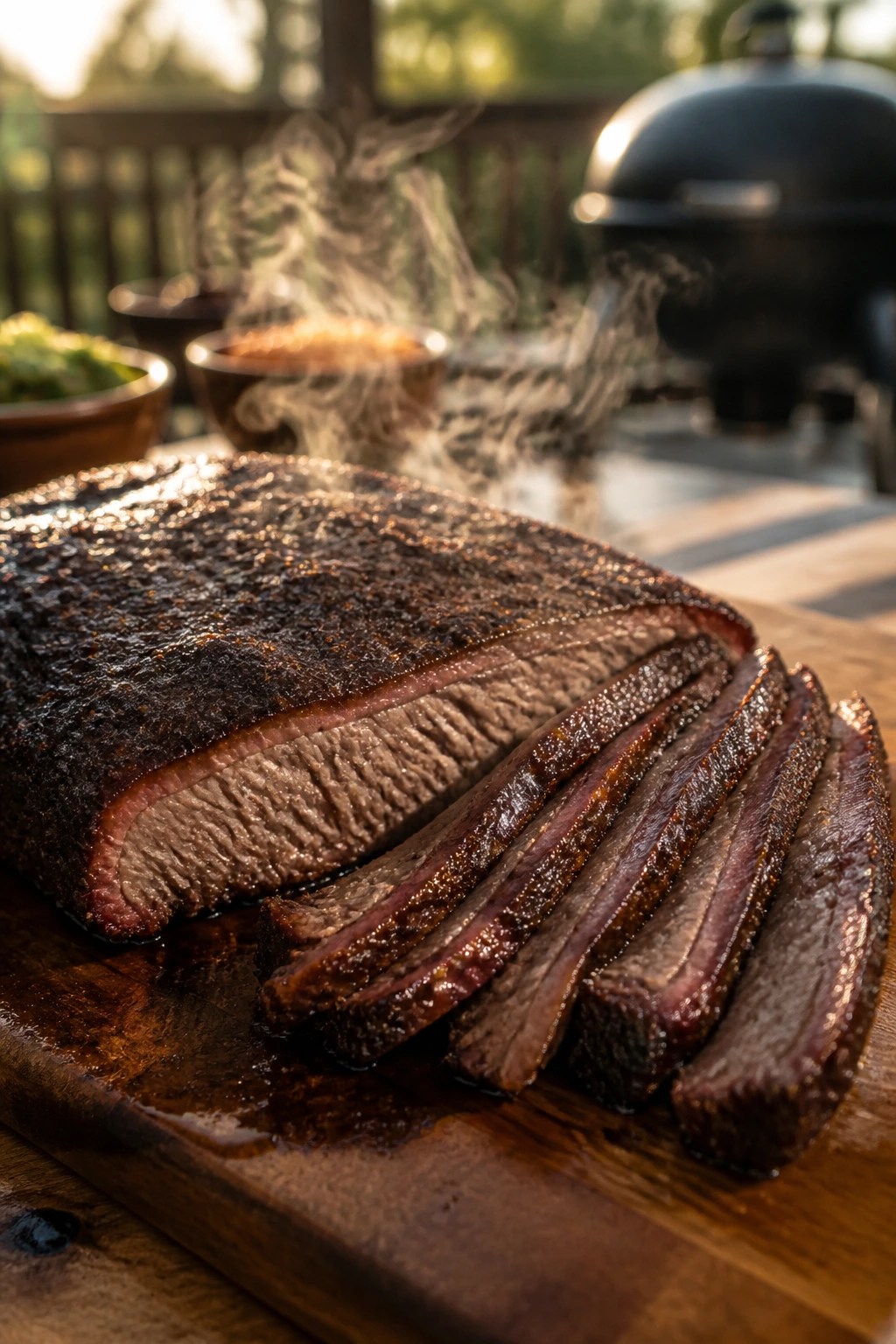 Smoked brisket resting on a cutting board with a light smoke in the backyard