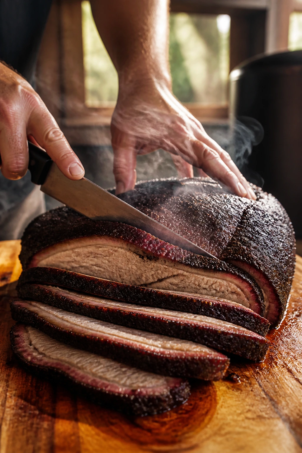 Brisket being sliced on a cutting board with steam, showcasing smoked meat