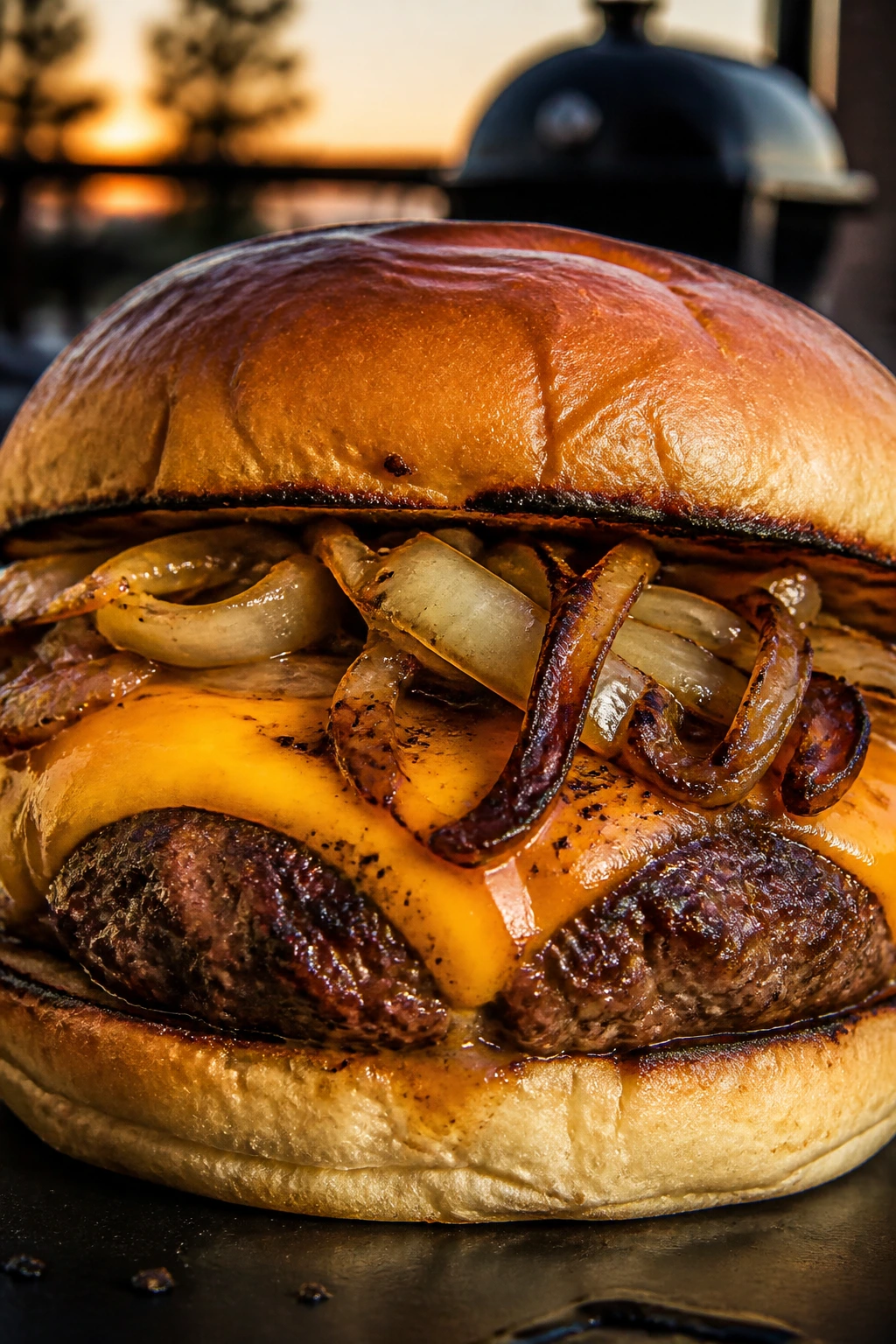 Juicy smoked cheeseburger with cheddar and charred onions