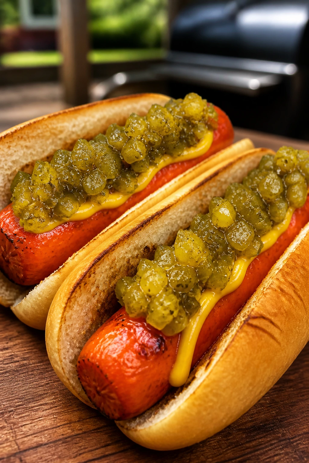 Close-up of smoked carrot dogs in buns with pickle relish