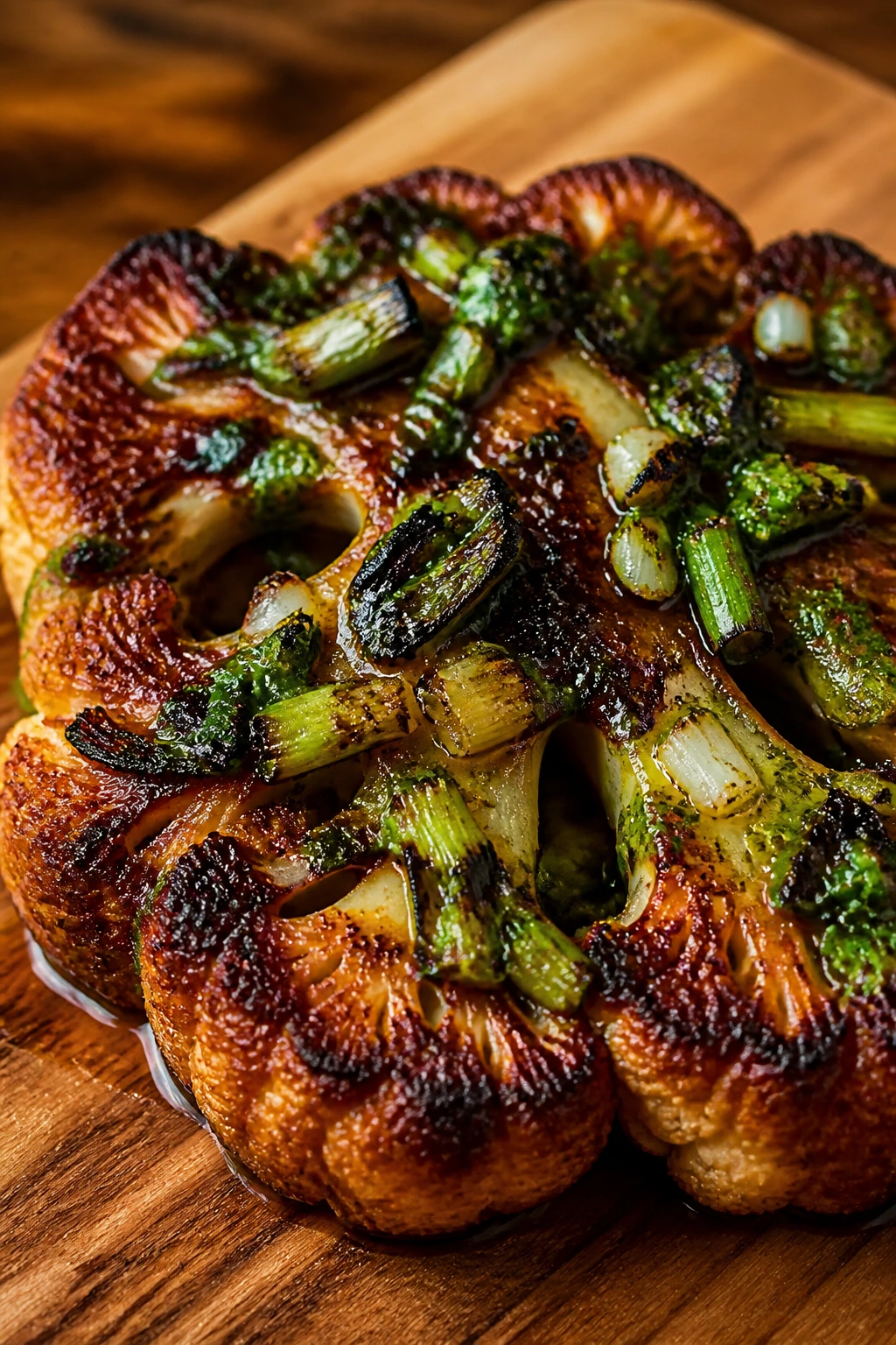Close-up of a smoky cauliflower steak with BBQ glaze and scallion drizzle