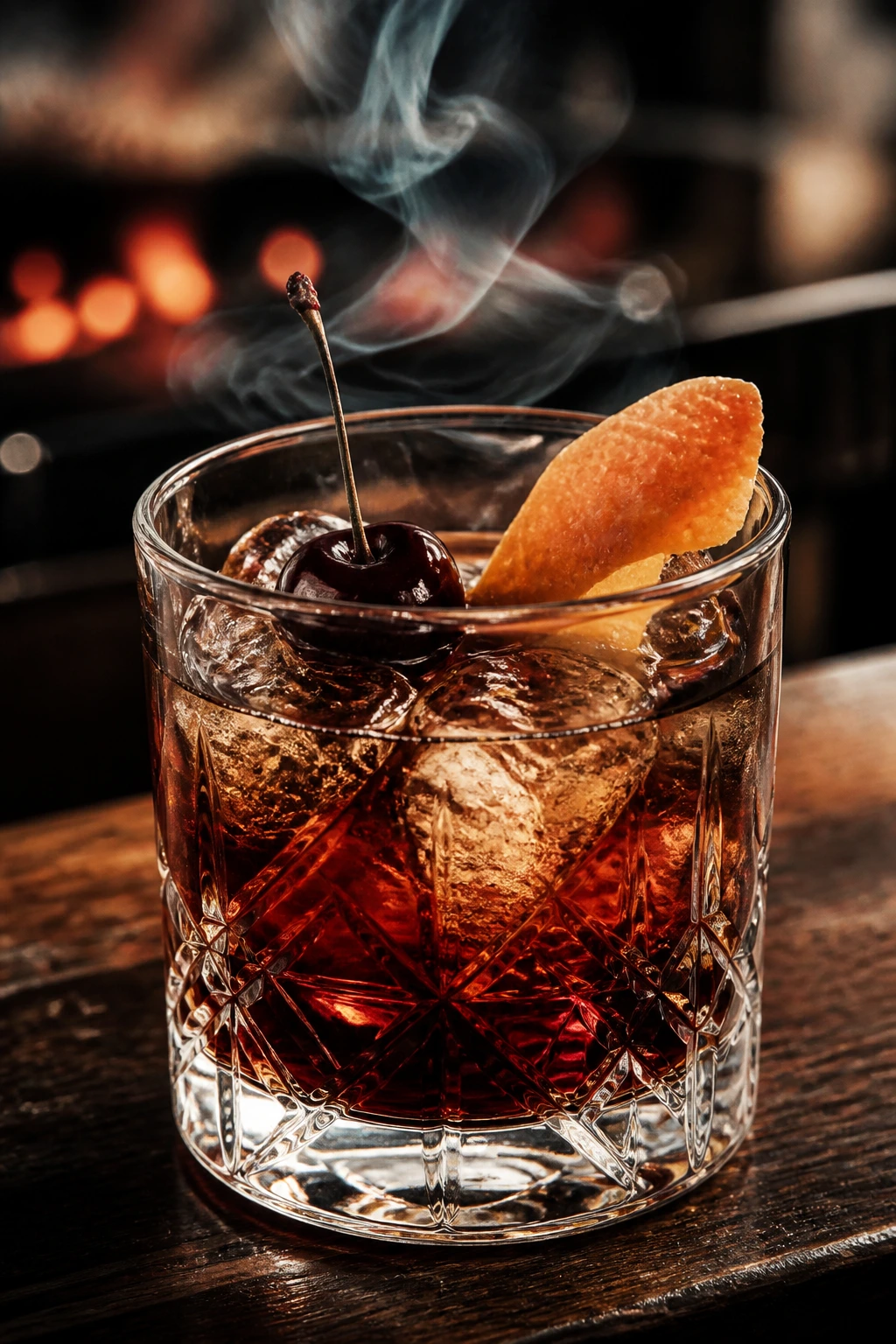 Rocks glass with bourbon cherry cola old fashioned and a hint of smoke outdoors