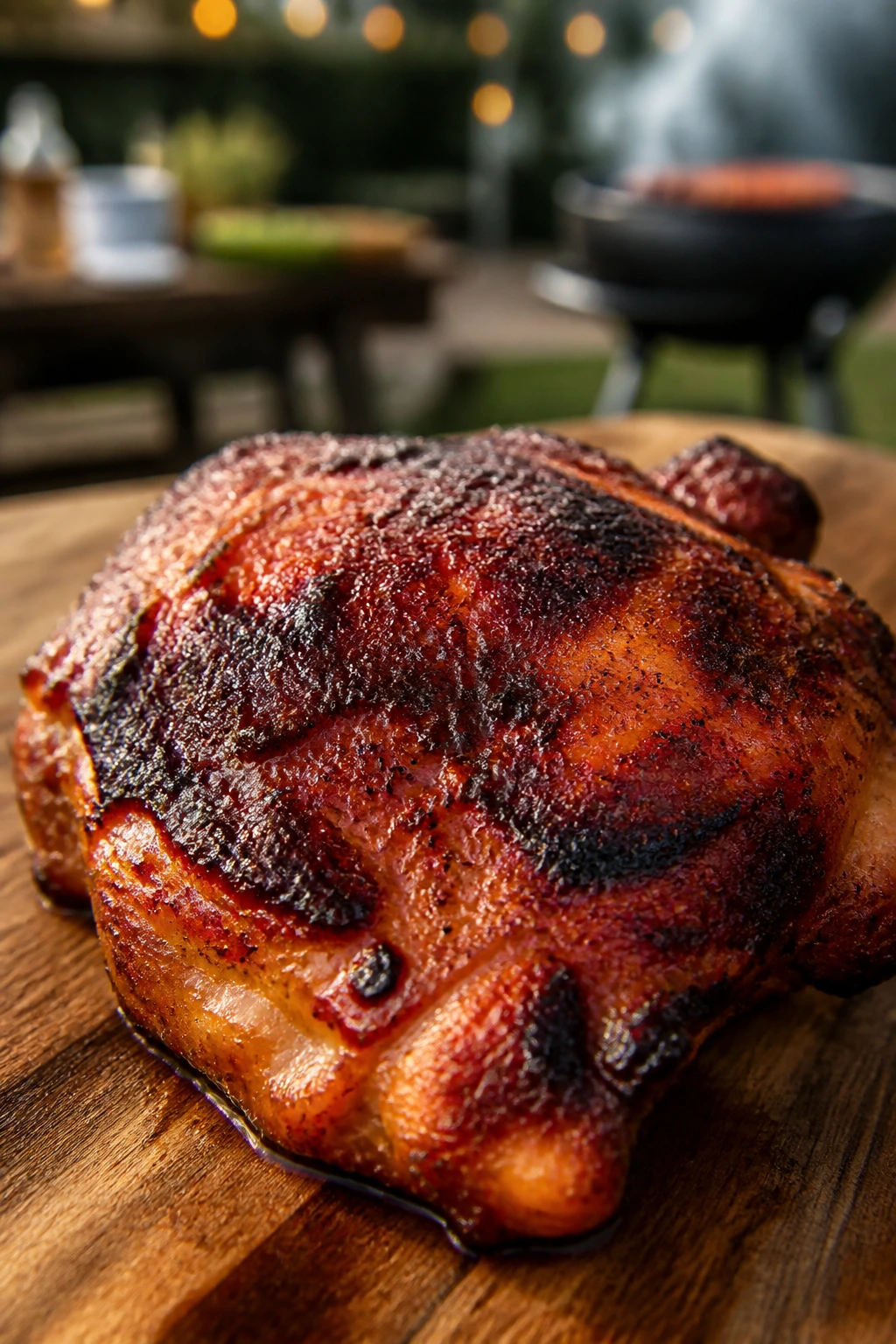 Close-up of a smoky chicken thigh on a backyard table in golden hour light