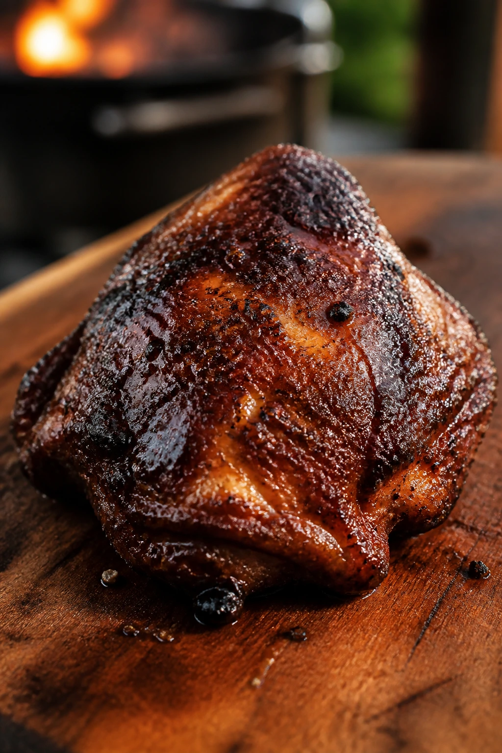 Smoked chicken thigh plated on a rustic board