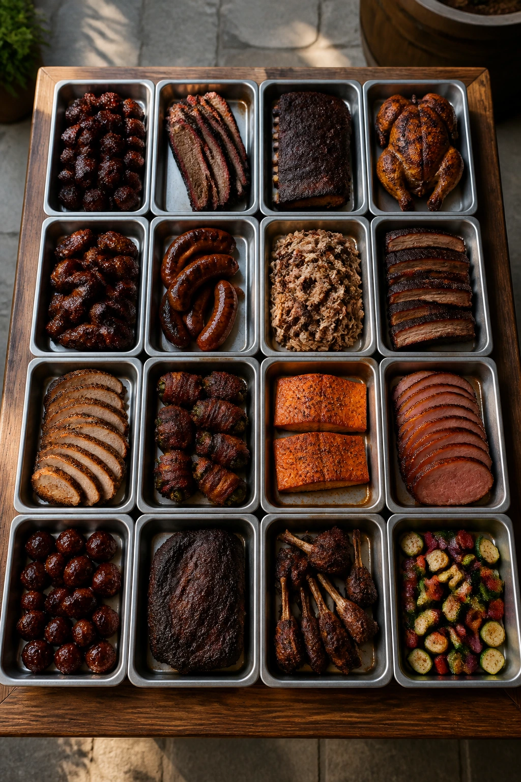 Top-down view of a table with arranged smoked dishes in a quick-reference lineup