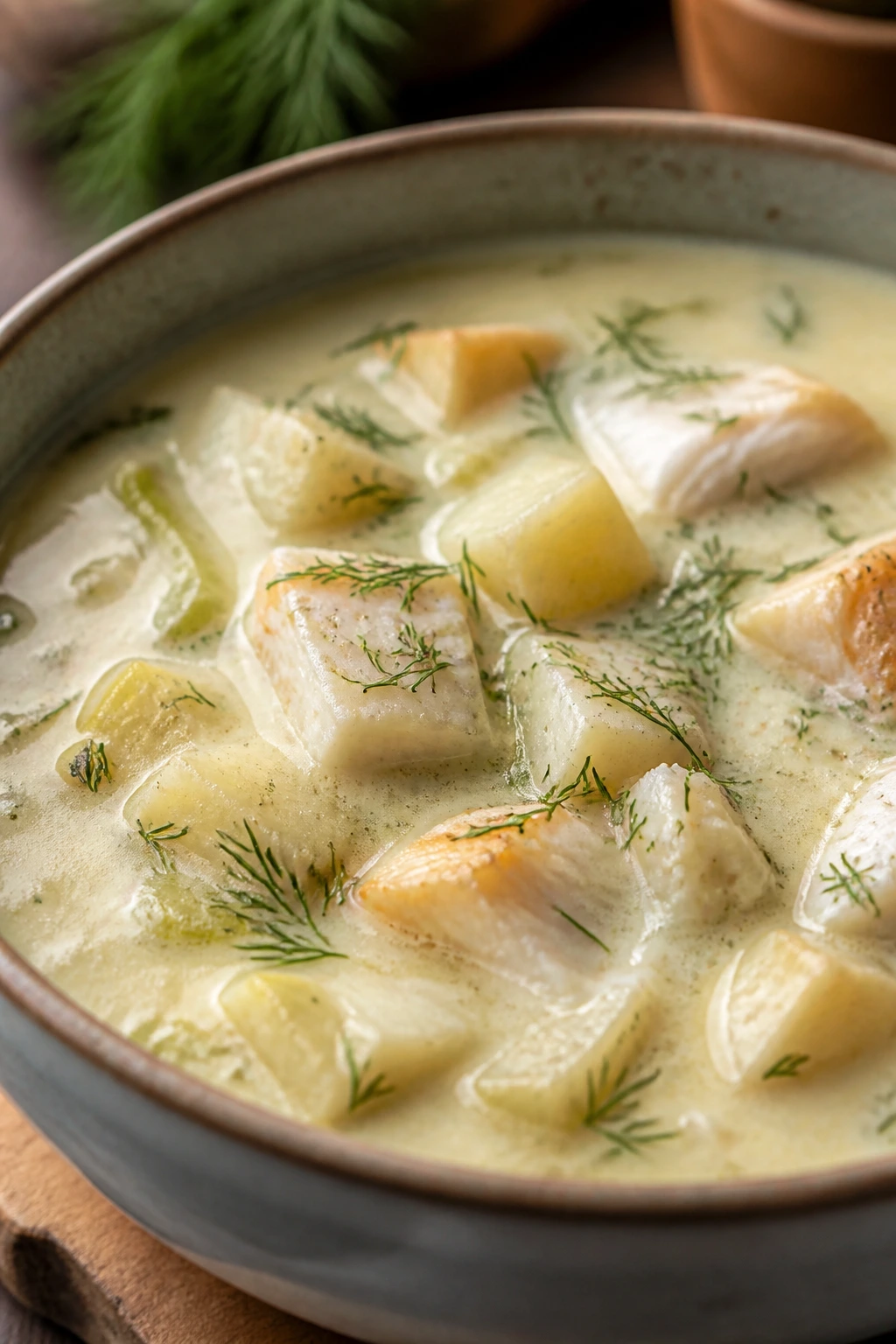 Close-up of Smoked Haddock Chowder with potatoes