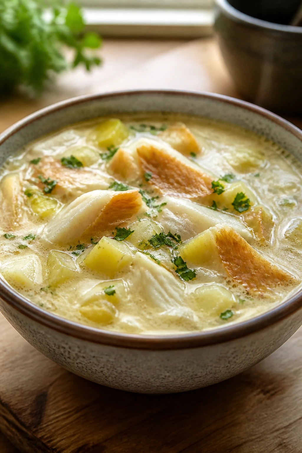 Close-up of smoked haddock and potato chowder in a bowl on a wooden kitchen counter