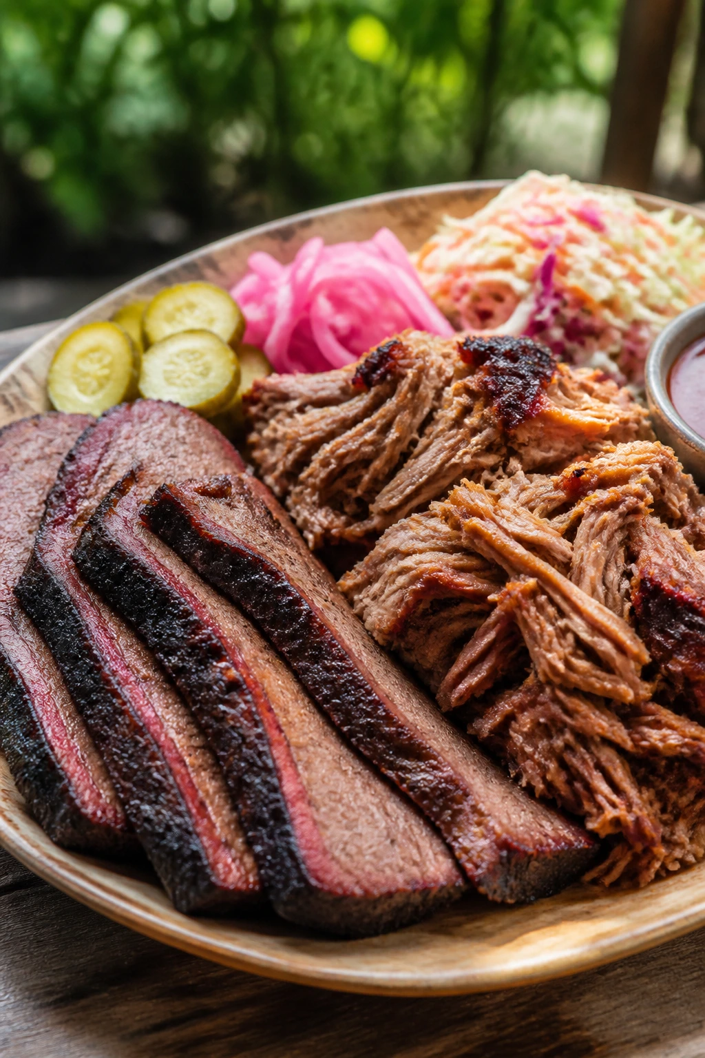 Plated smoked meat platter with sides ready to serve in backyard