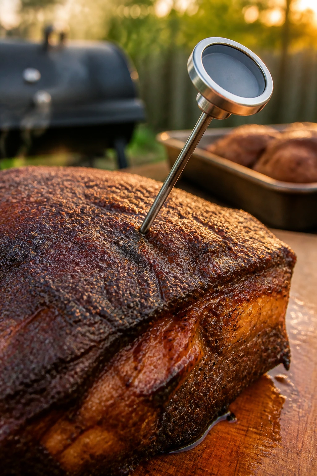 Close-up of smoked meat with a thermometer probe in the center, backyard setting