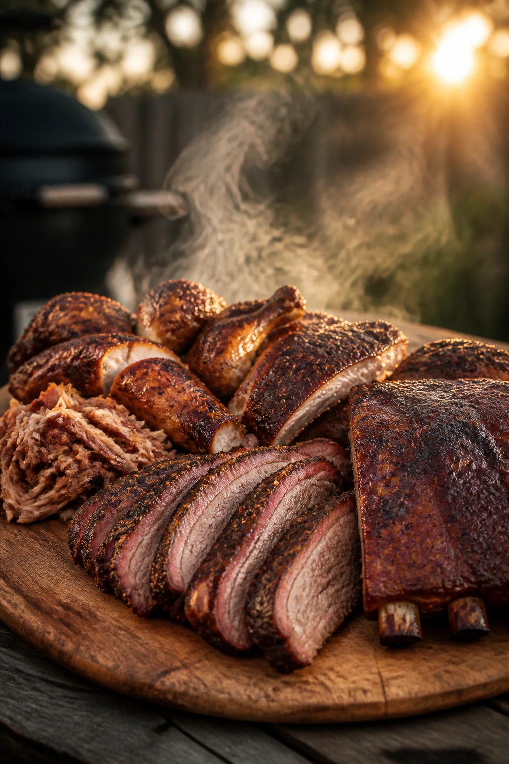 Close-up platter of smoked meats filling the frame with smoke in a backyard setting