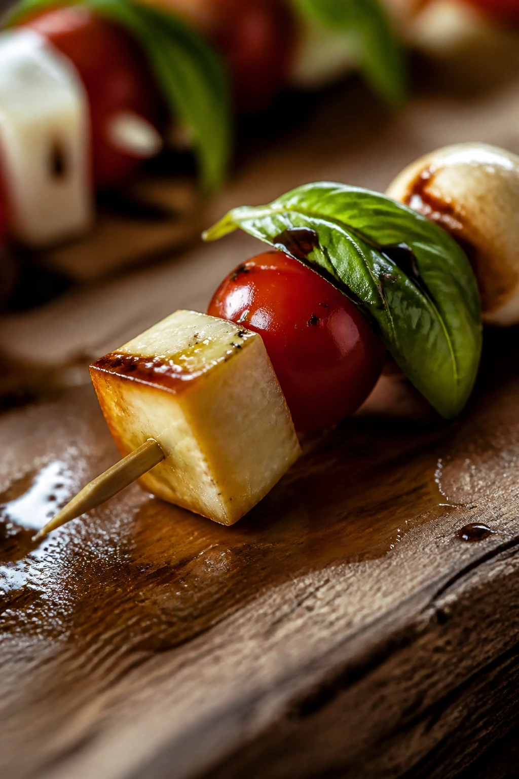 Smoked Mozzarella Caprese Skewer with tomato and basil on rustic board