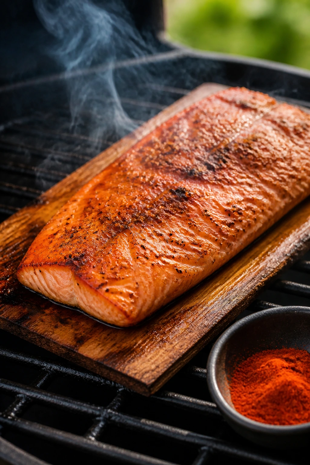 Salmon on cedar plank with smoke and paprika nearby on grill