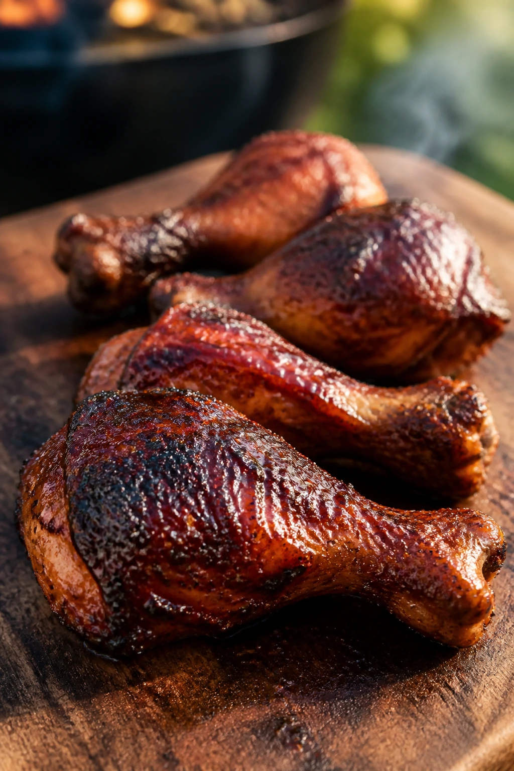 Close-up of smoked paprika glazed chicken drumsticks with char.