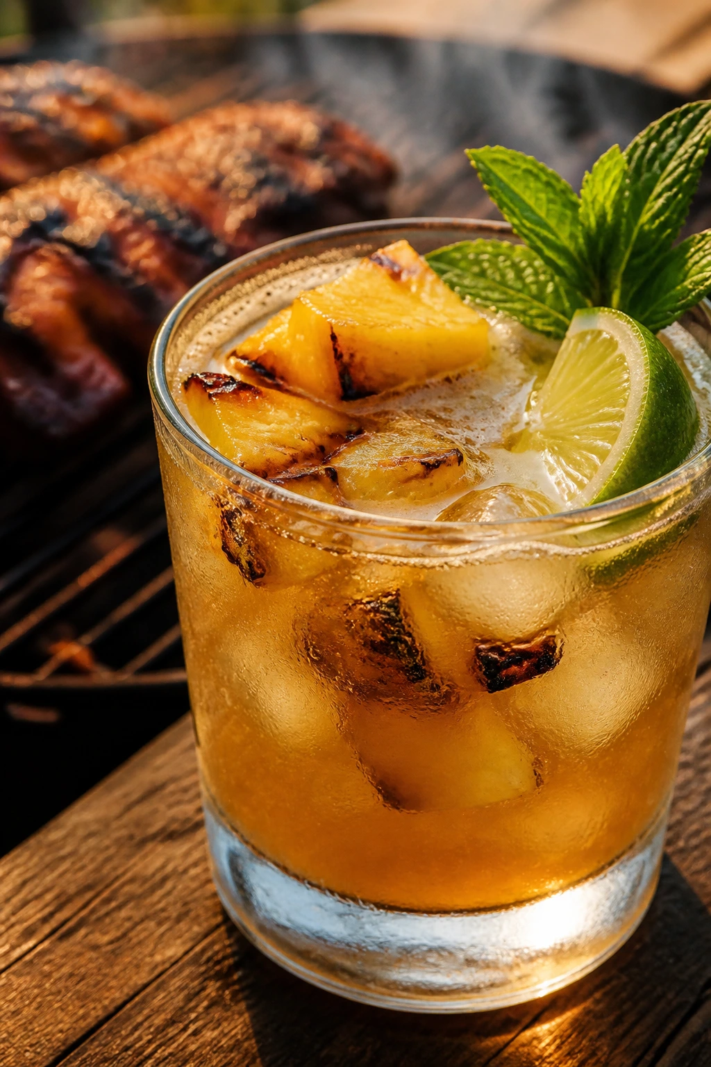 Smoked Pineapple Rum Cooler in a rocks glass near a grill