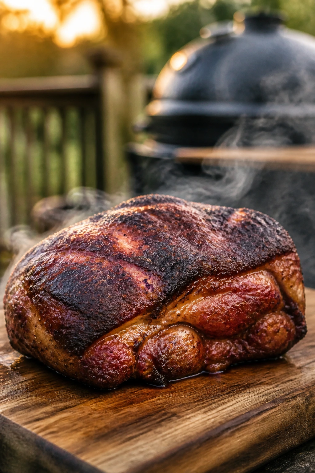 Close-up of smoky pork shoulder with a crust on a wooden board in a backyard.