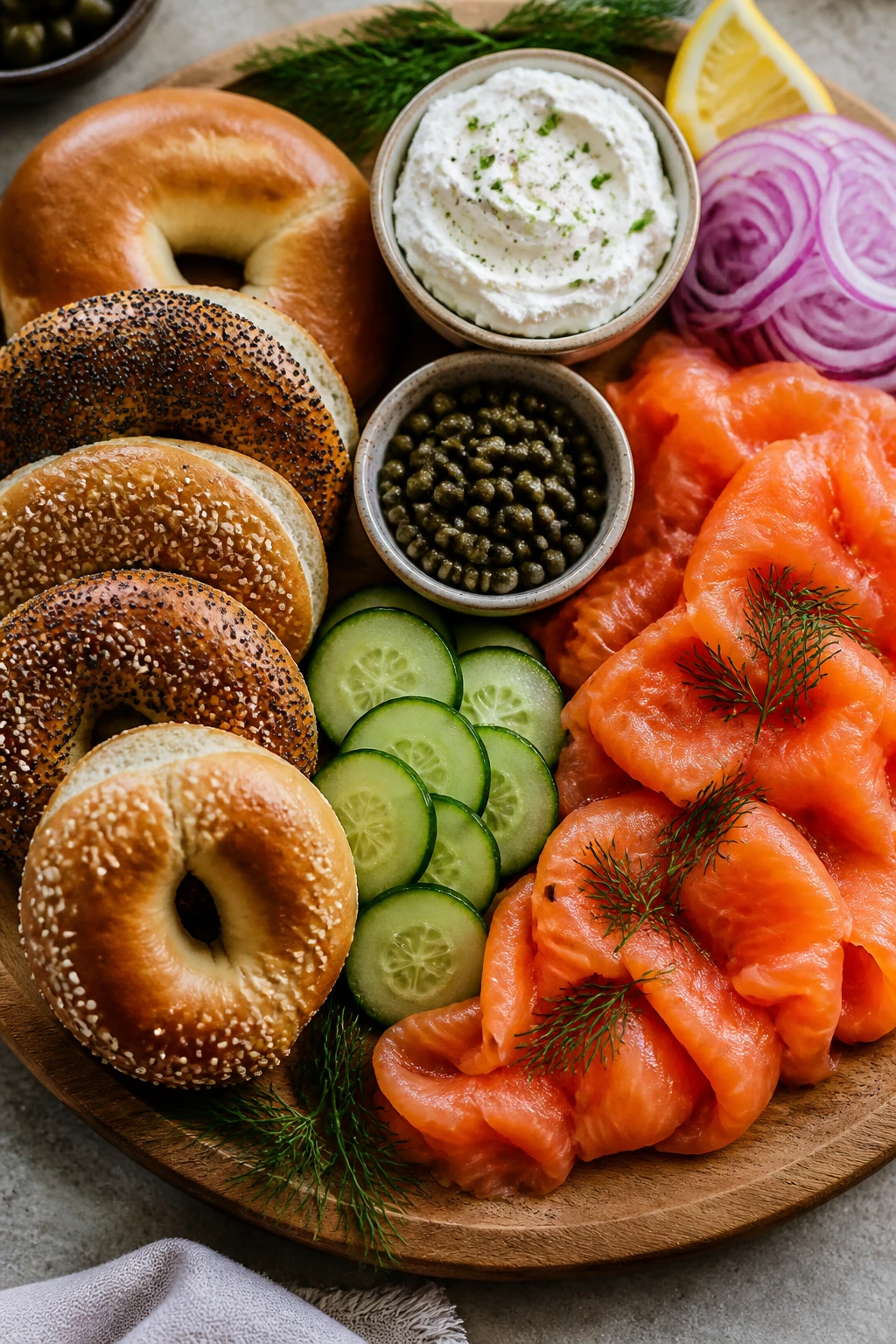 Top-down bagel board with smoked salmon and toppings