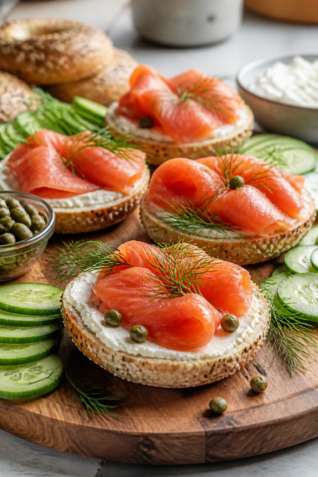 Close-up of smoked salmon bagel board with cream cheese, cucumber, capers, and dill on a wooden board