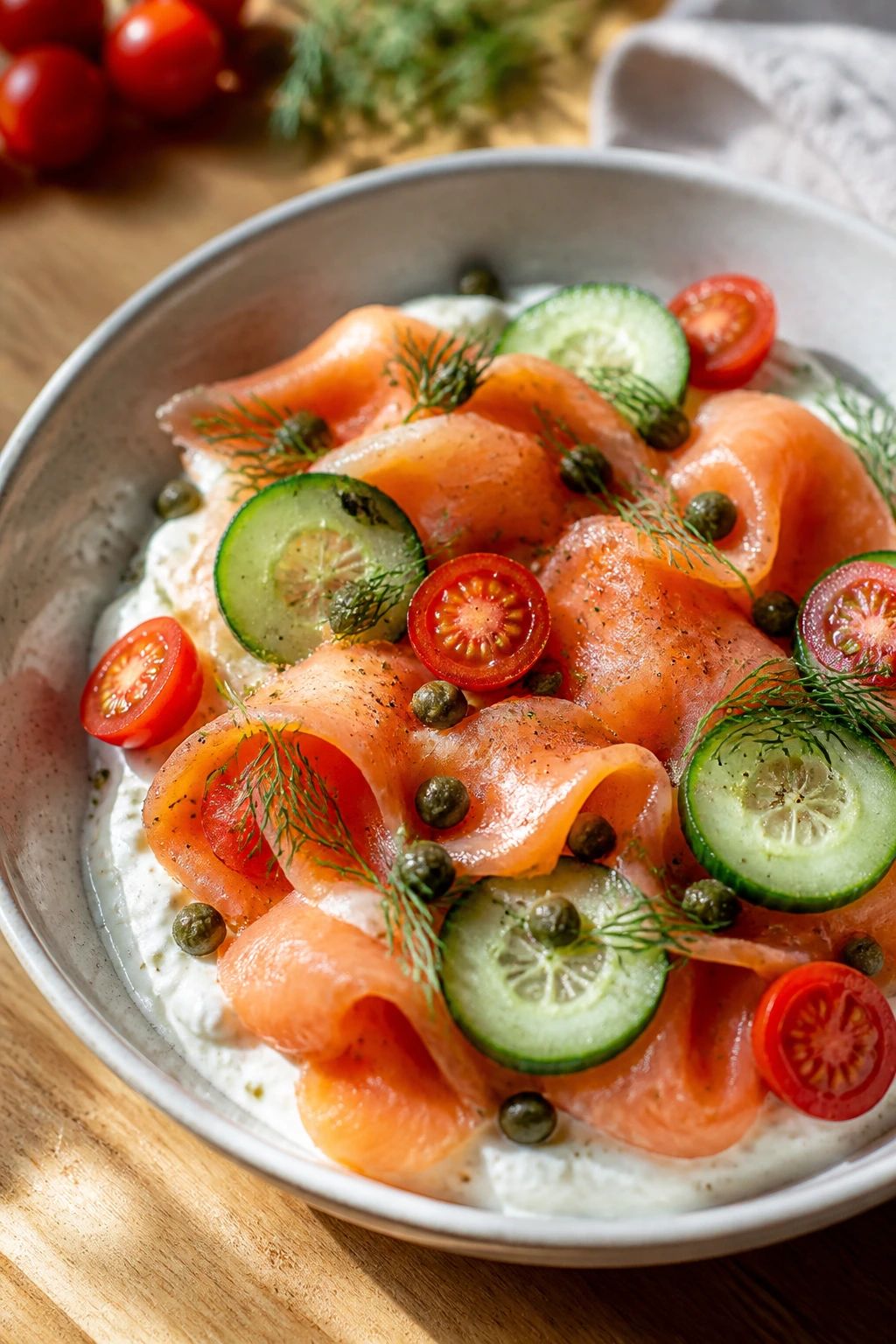 Close-up of Smoked Salmon Bagel Bowls with salmon, cucumber, tomatoes, capers, and dill