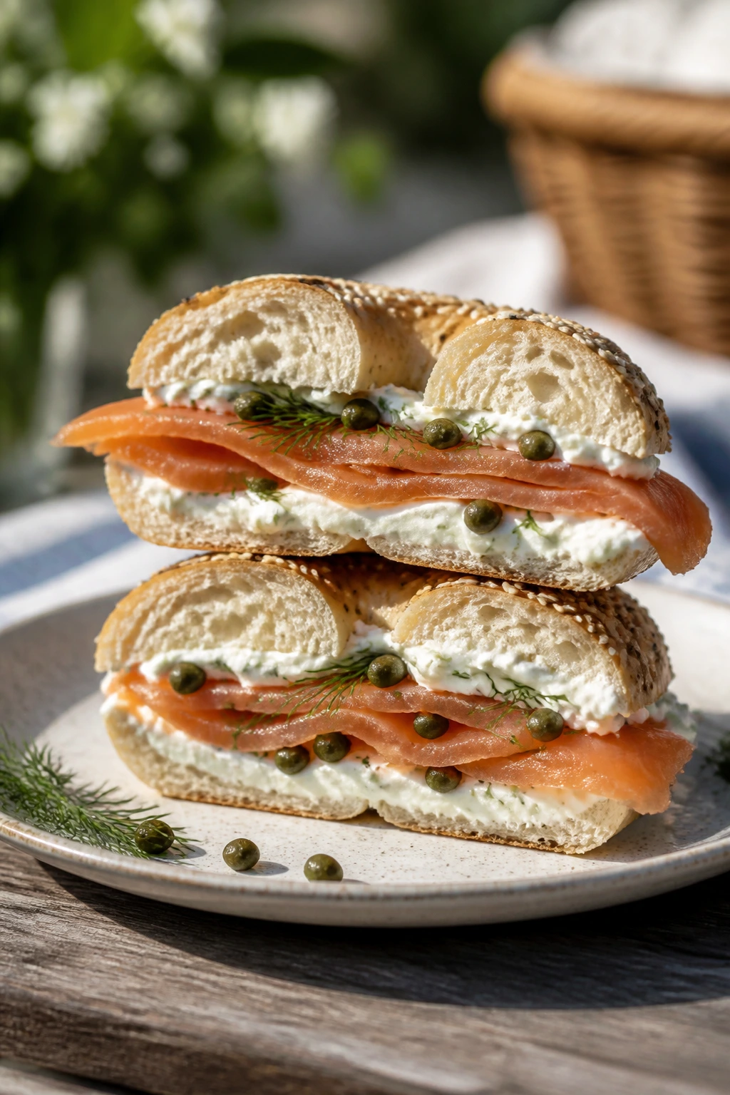 Close-up of smoked salmon bagels with cream cheese and capers on a plate outdoors