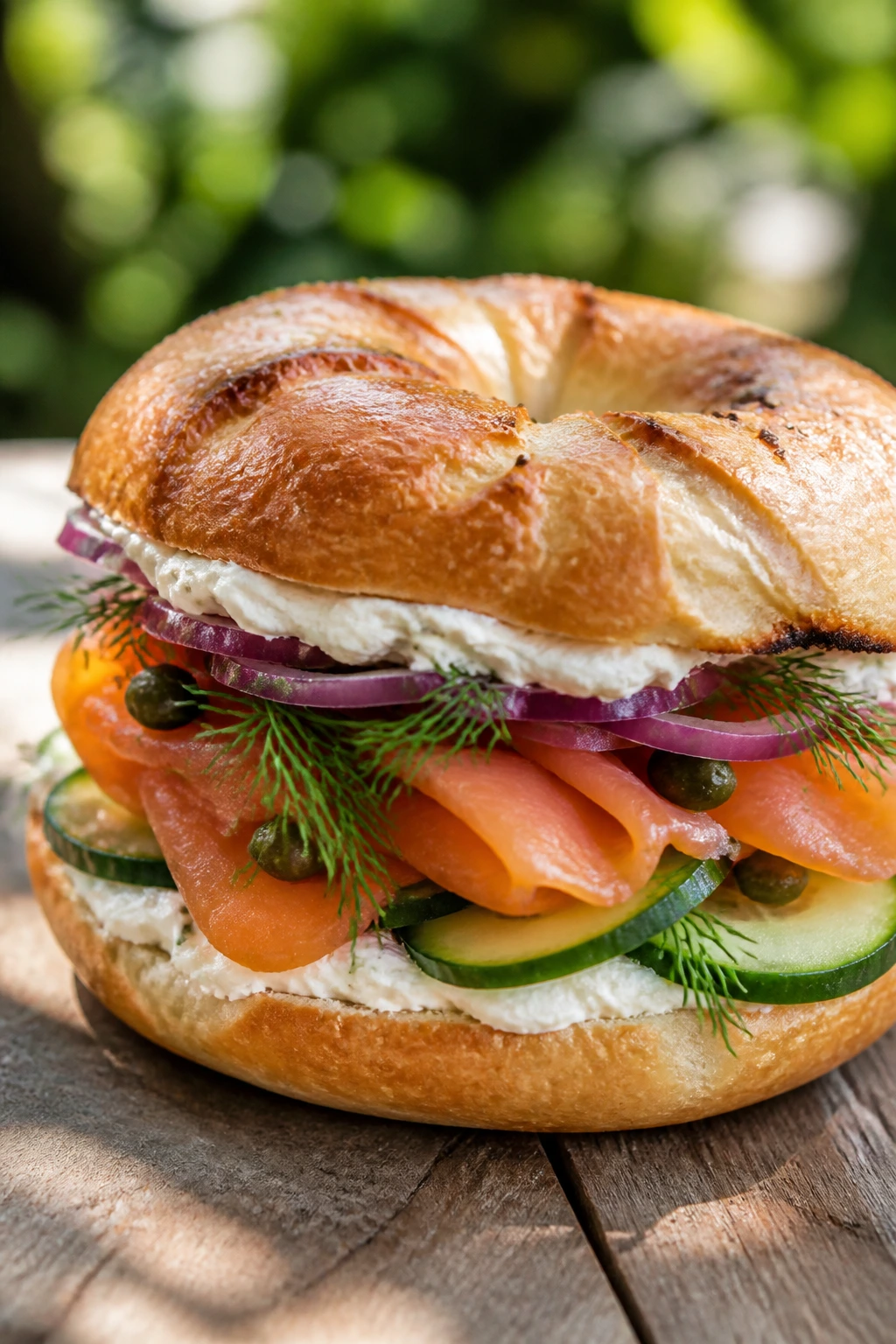 Close-up of a smoked salmon bagel with cream cheese, cucumber, dill and capers outdoors