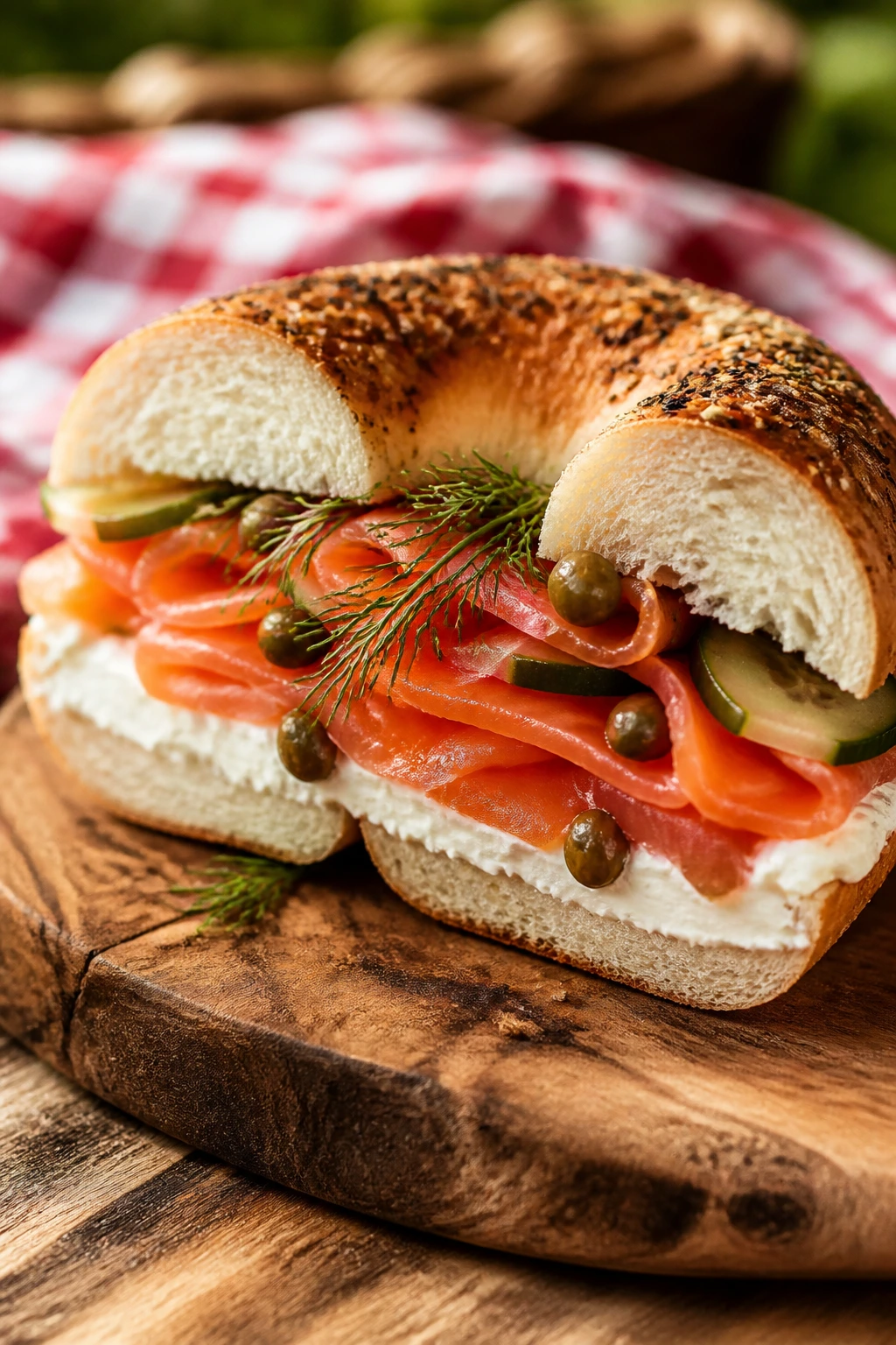 Close-up of a smoked salmon bagel with cream cheese capers and dill on a wooden board