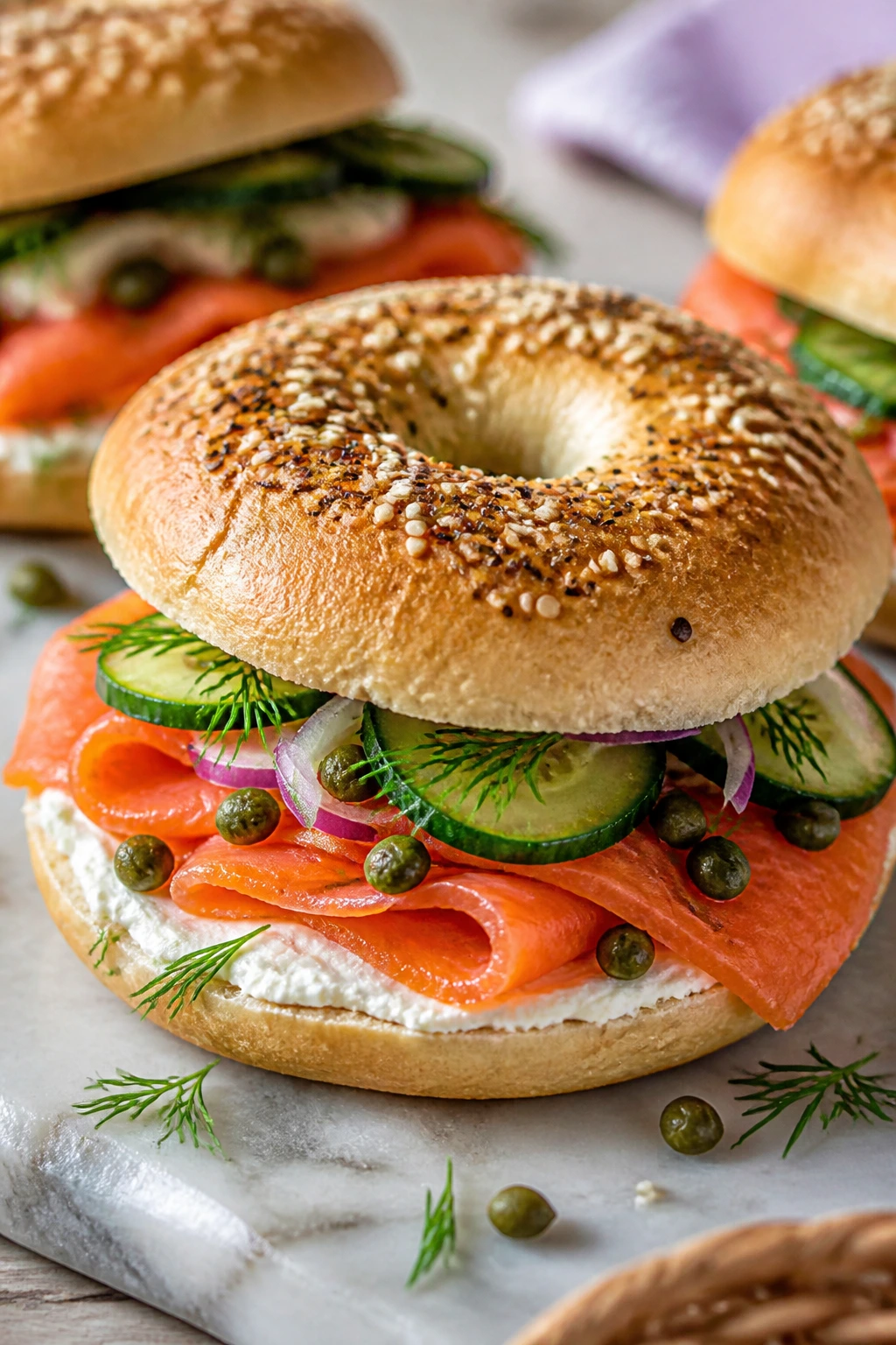 Close-up of a smoked salmon bagel sandwich with cucumber and dill