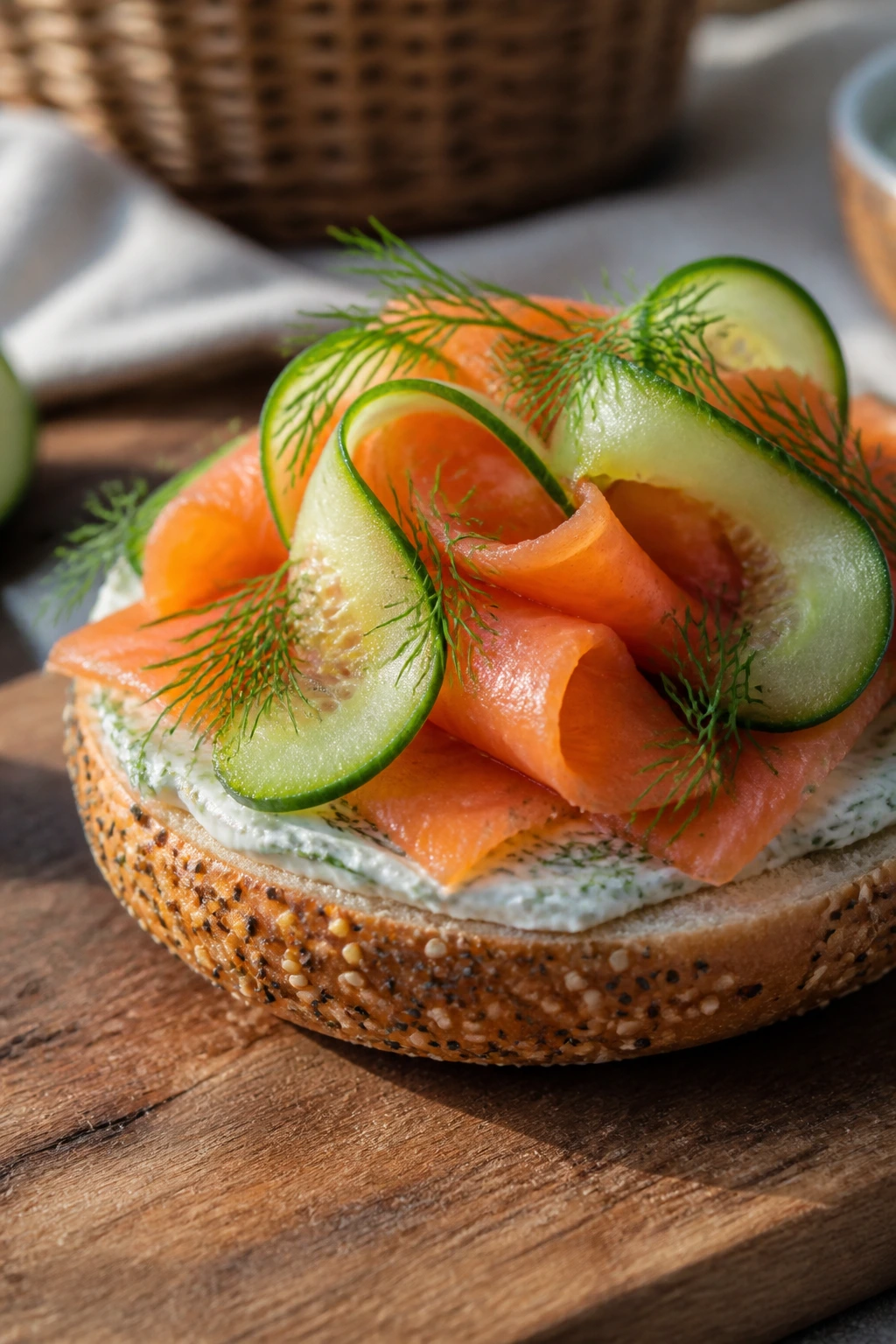 Close-up of smoked salmon bagels with cucumber and dill on a wooden board