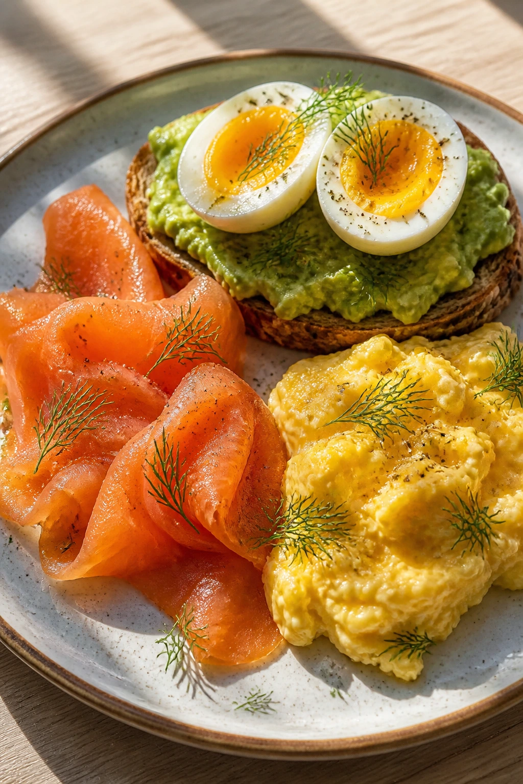 Breakfast plate with smoked salmon, eggs, avocado toast and dill