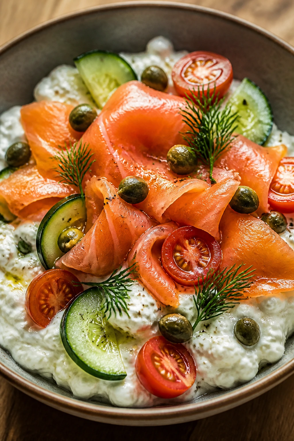 Cottage cheese bowl topped with smoked salmon cucumber and dill