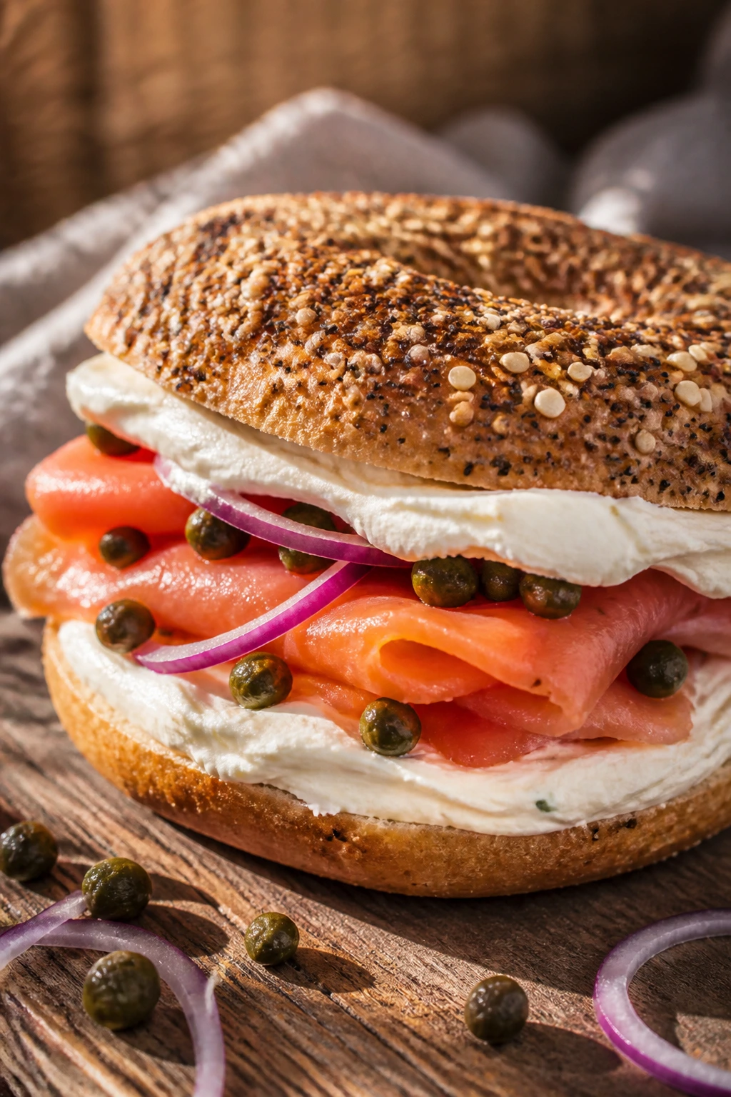 Smoked salmon with cream cheese and capers on seeded bread
