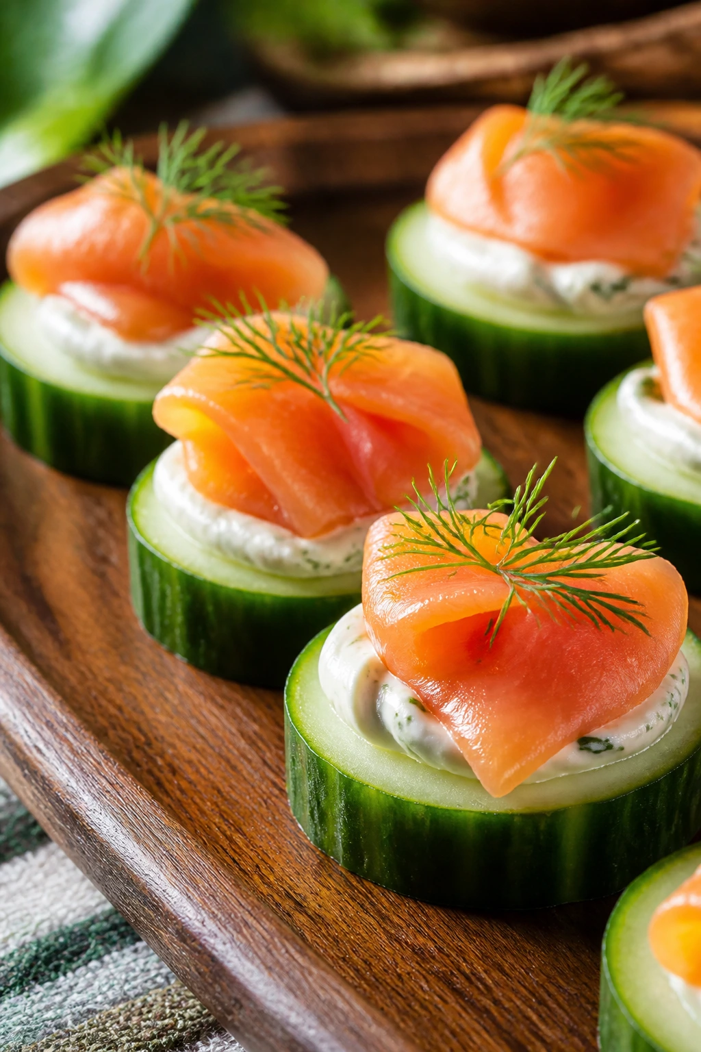 Close-up of smoked salmon cucumber bites on a wooden tray outdoors