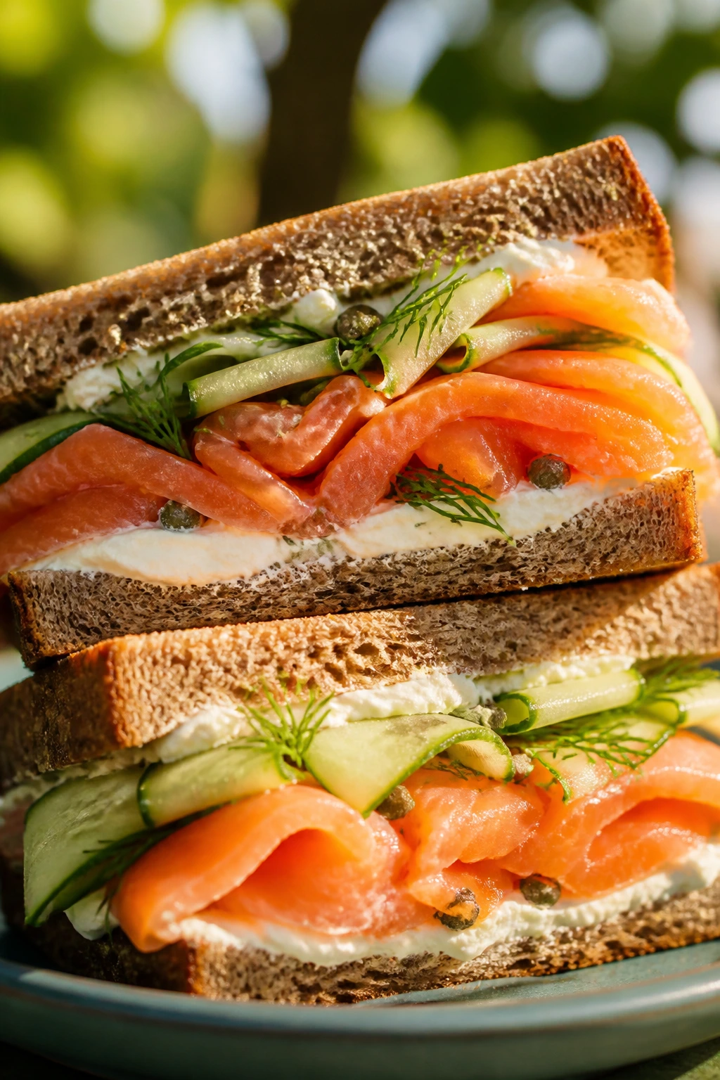 Close-up smoked salmon cucumber cream cheese sandwich on rye outdoors