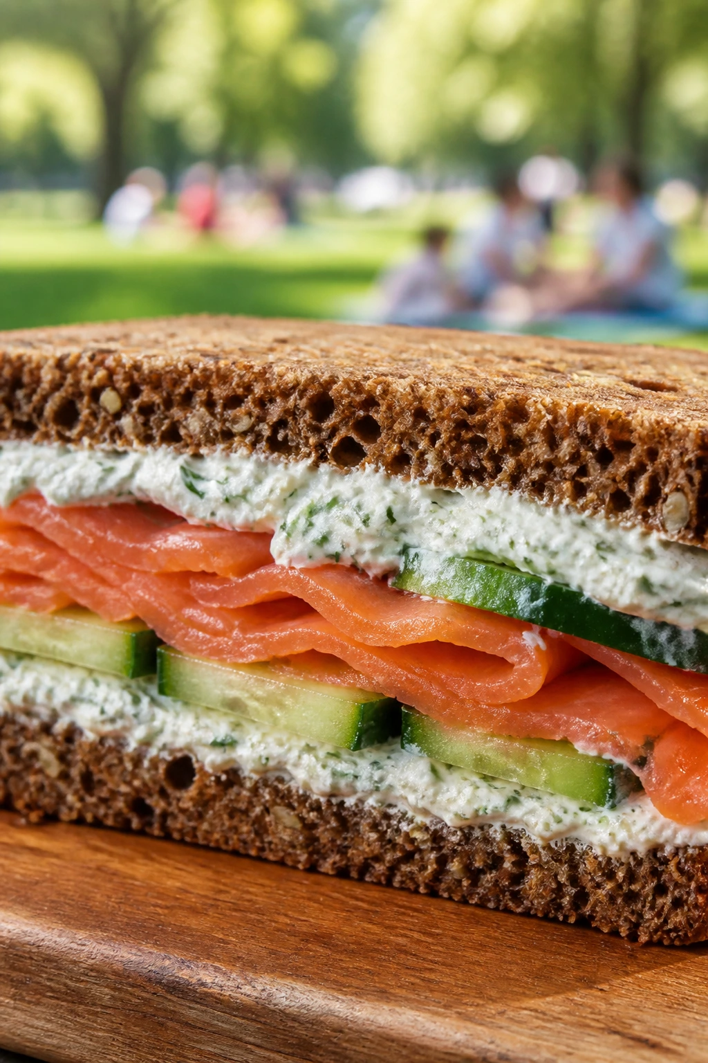 Close-up of Smoked Salmon Dill Cream Cheese Sandwich on rye